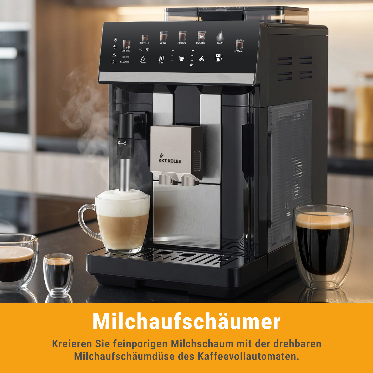 Kaffeevollautomat mit Milchschaum und Kaffeegetränken, dampfend.
