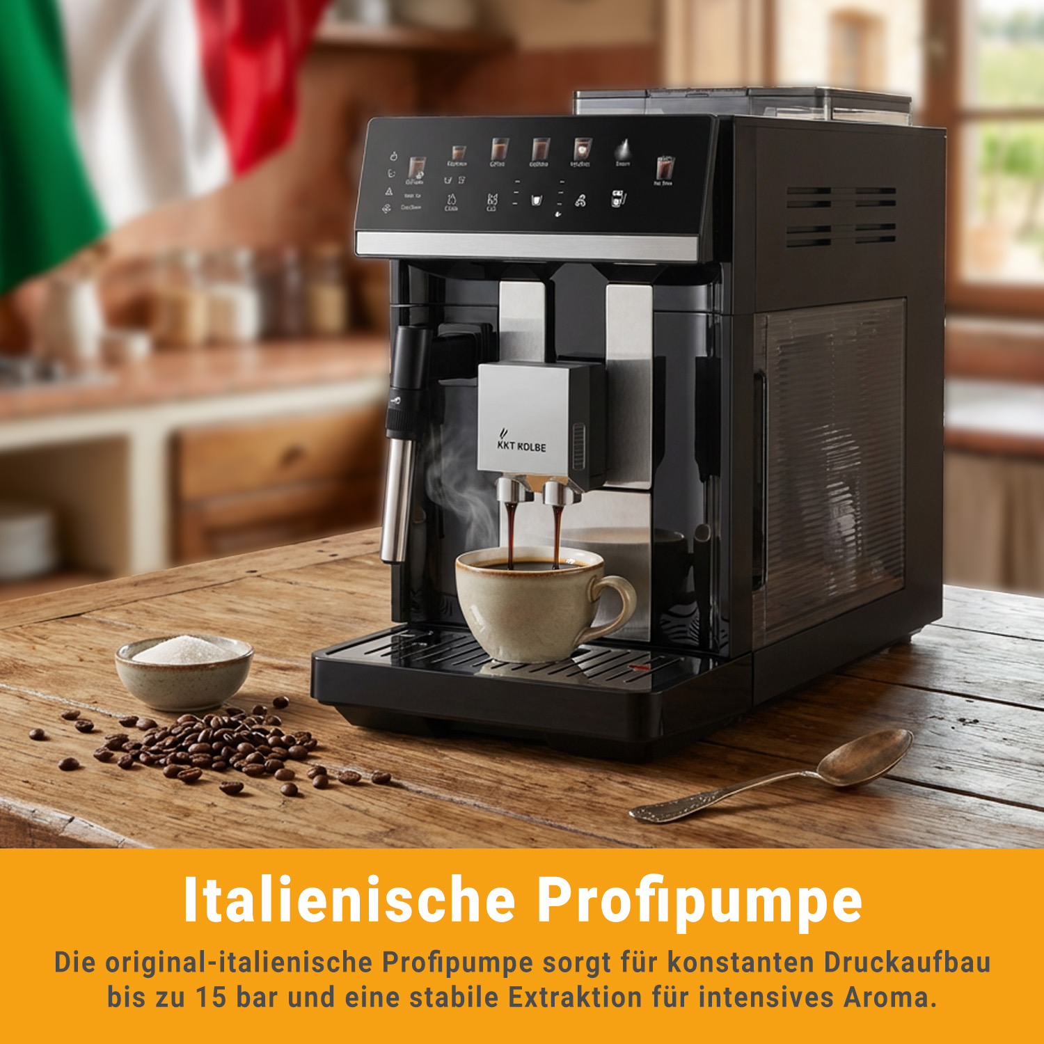 Kaffeevollautomat brüht Kaffee mit Dampf, daneben Kaffeebohnen und Zucker.
