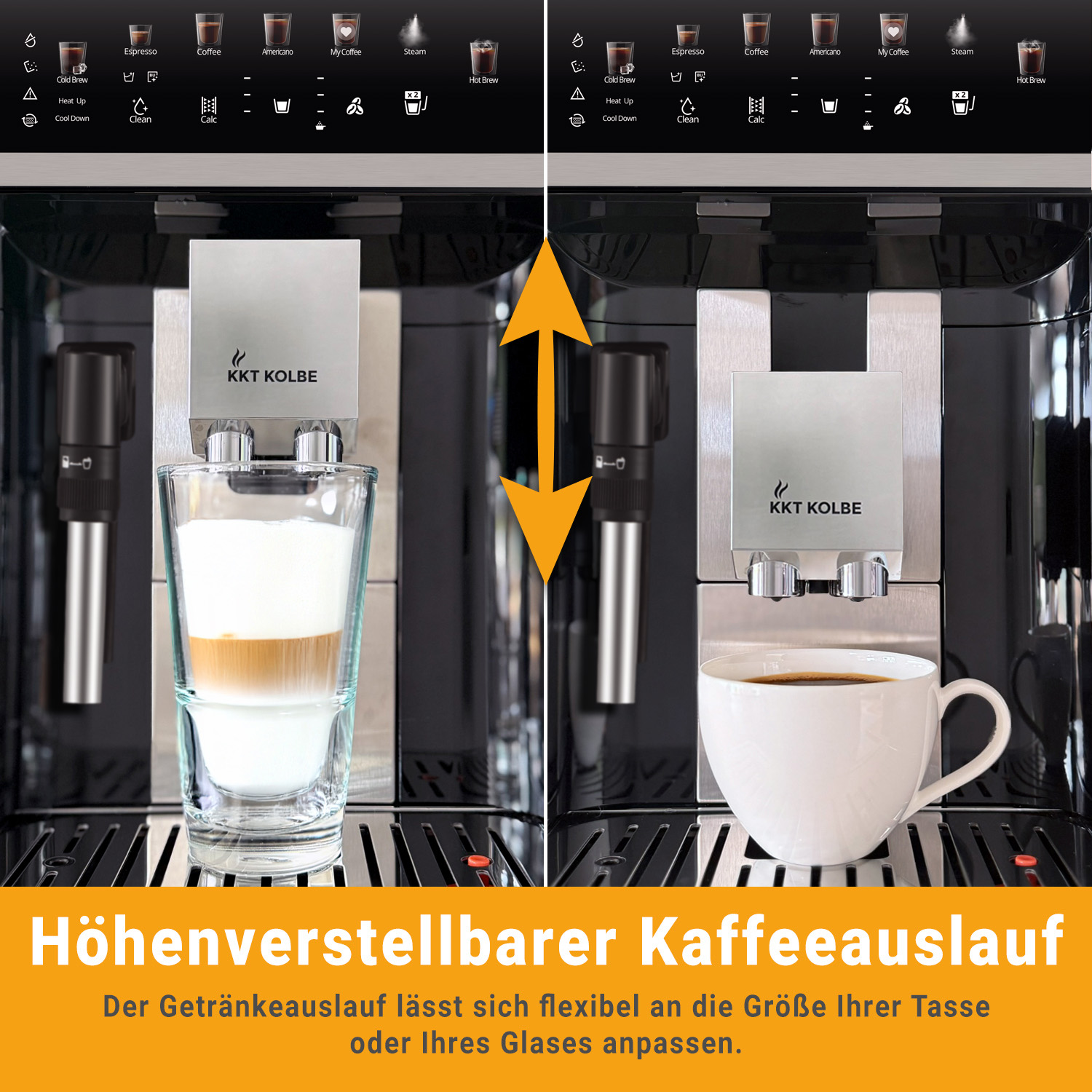 Kaffeemaschine mit höhenverstellbarem Auslauf, zeigt Glas mit Latte und Tasse mit Kaffee.