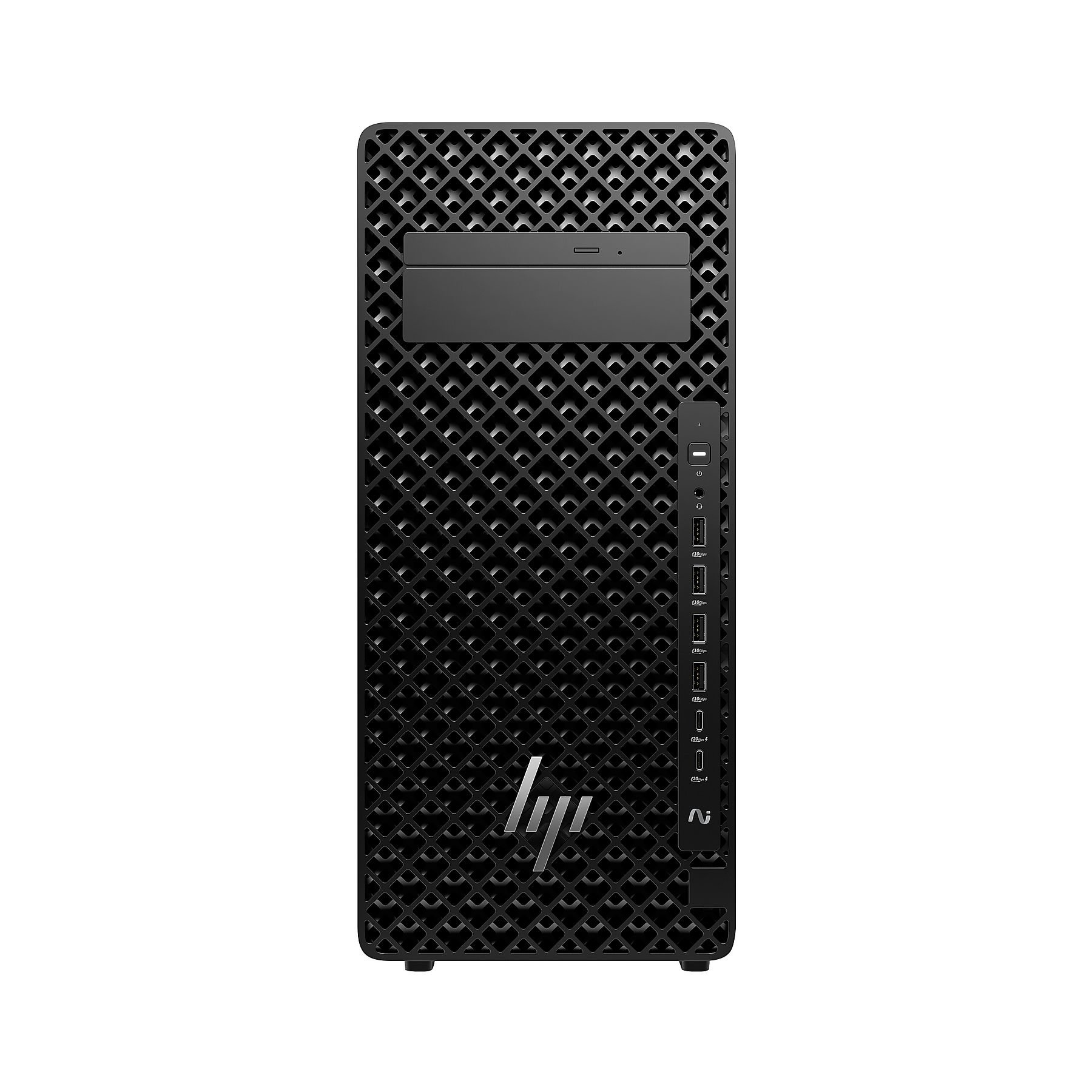 PC tower HP nero con pannello frontale a nido d'ape e logo argento.