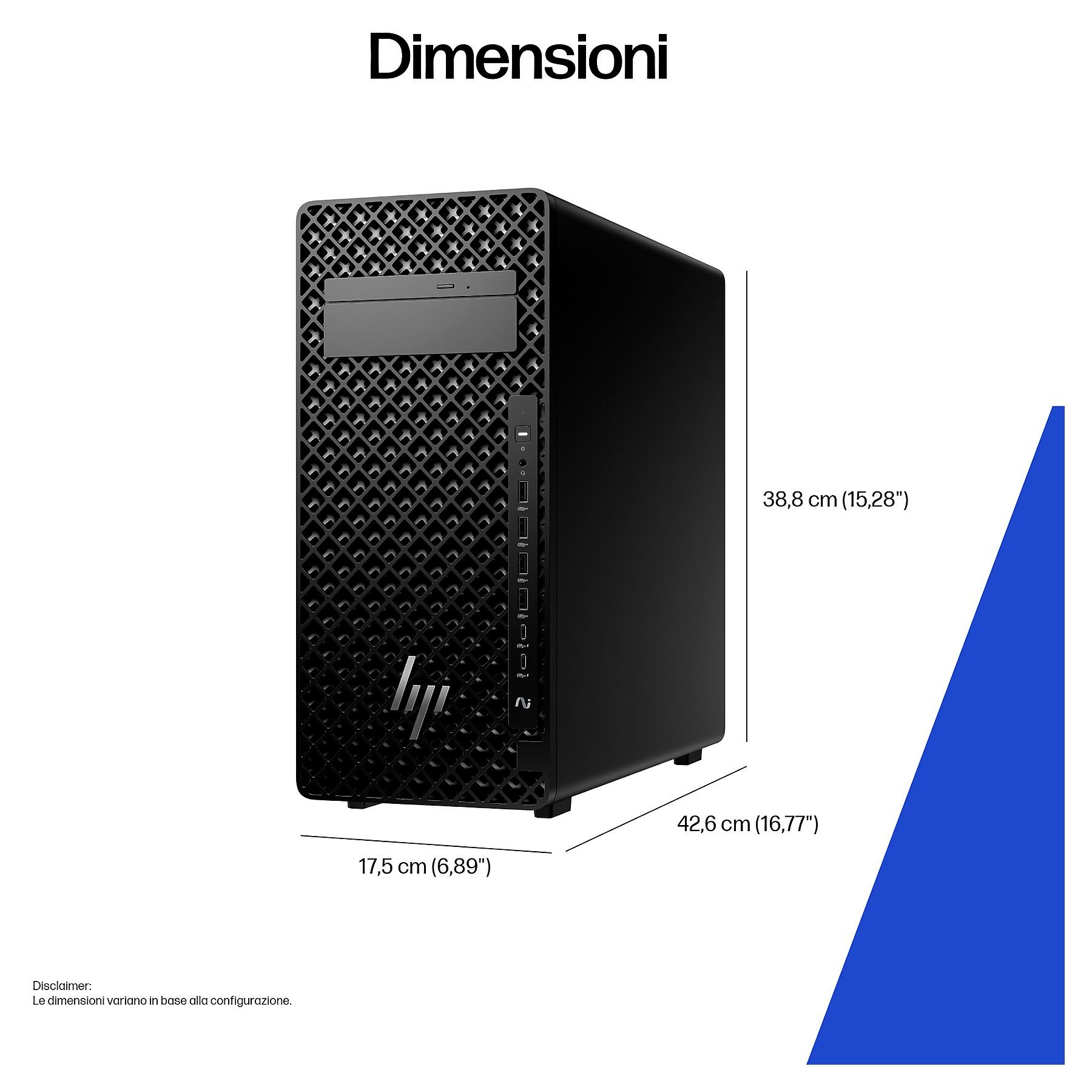 Desktop HP nero con dimensioni 38,8x17,5x42,6 cm.