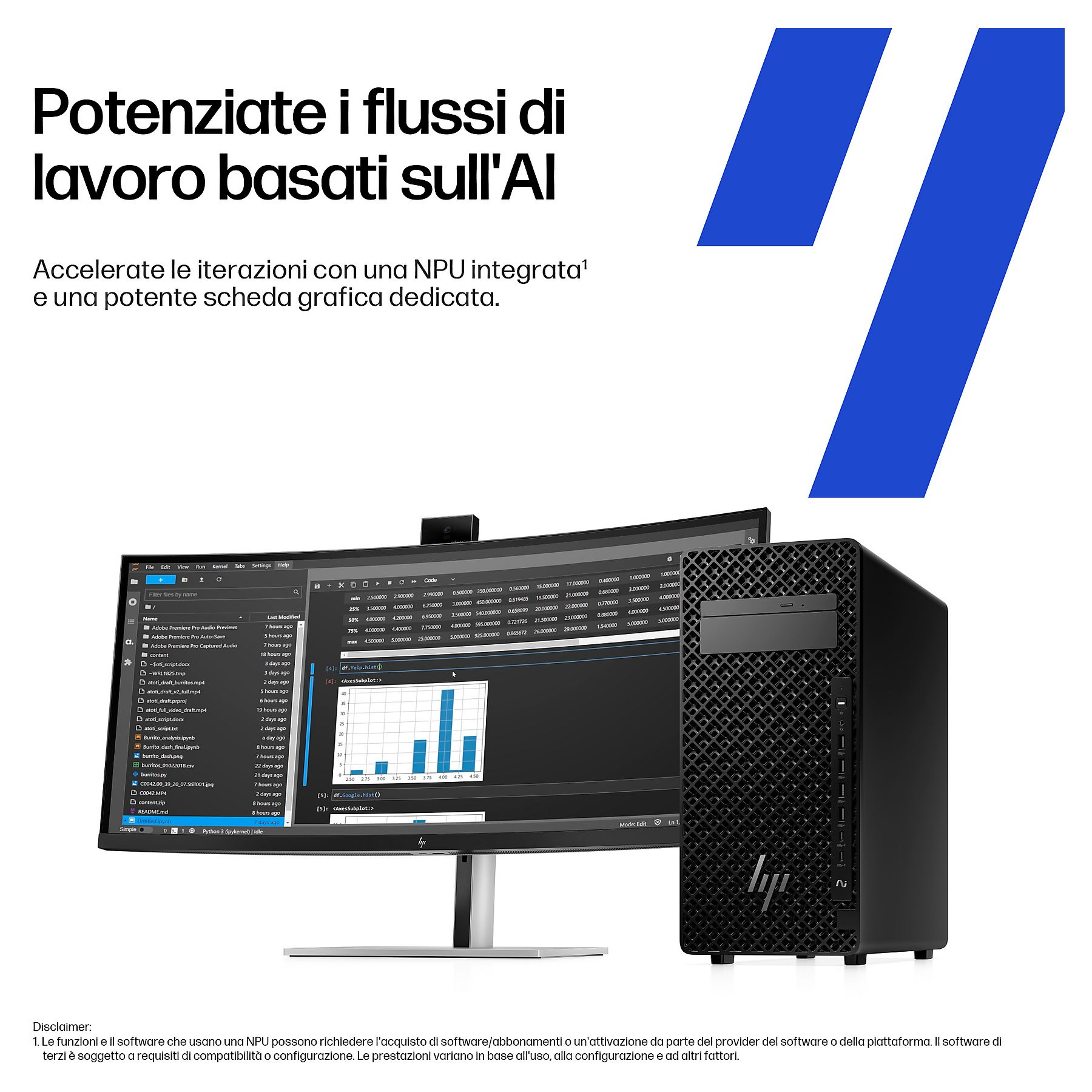 Case del computer, monitor, tastiera e mouse. Il monitor mostra codice e grafici.