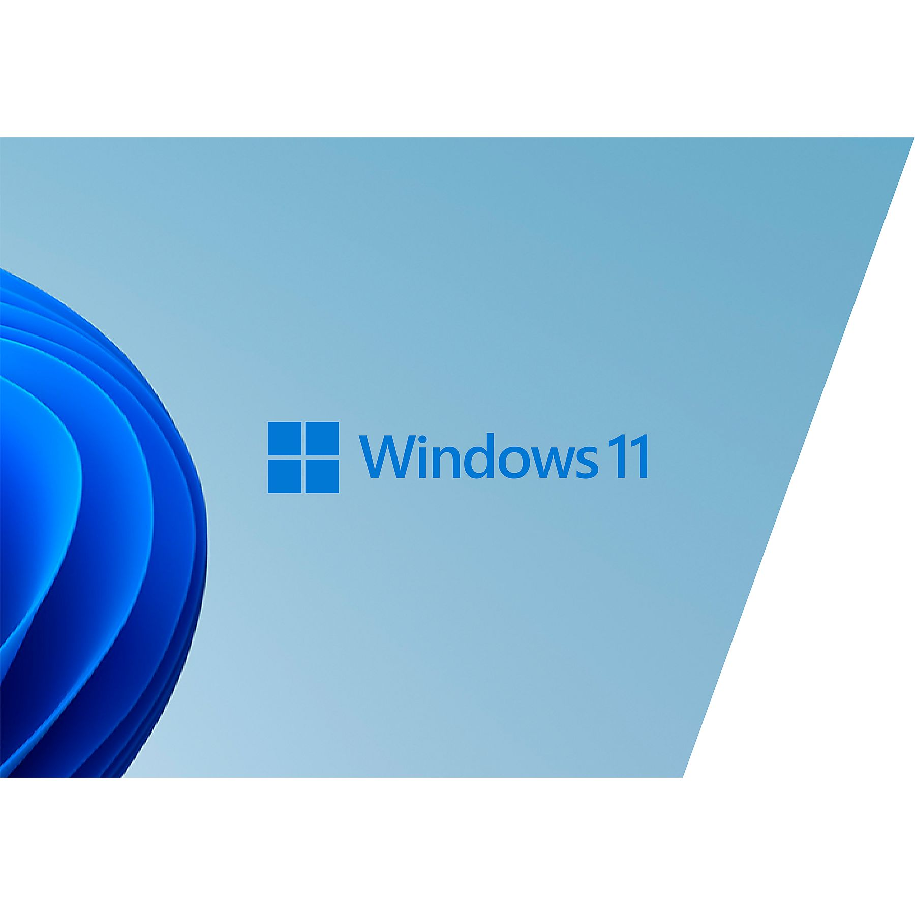 Logo Windows 11 su sfondo blu con forma blu astratta a sinistra.