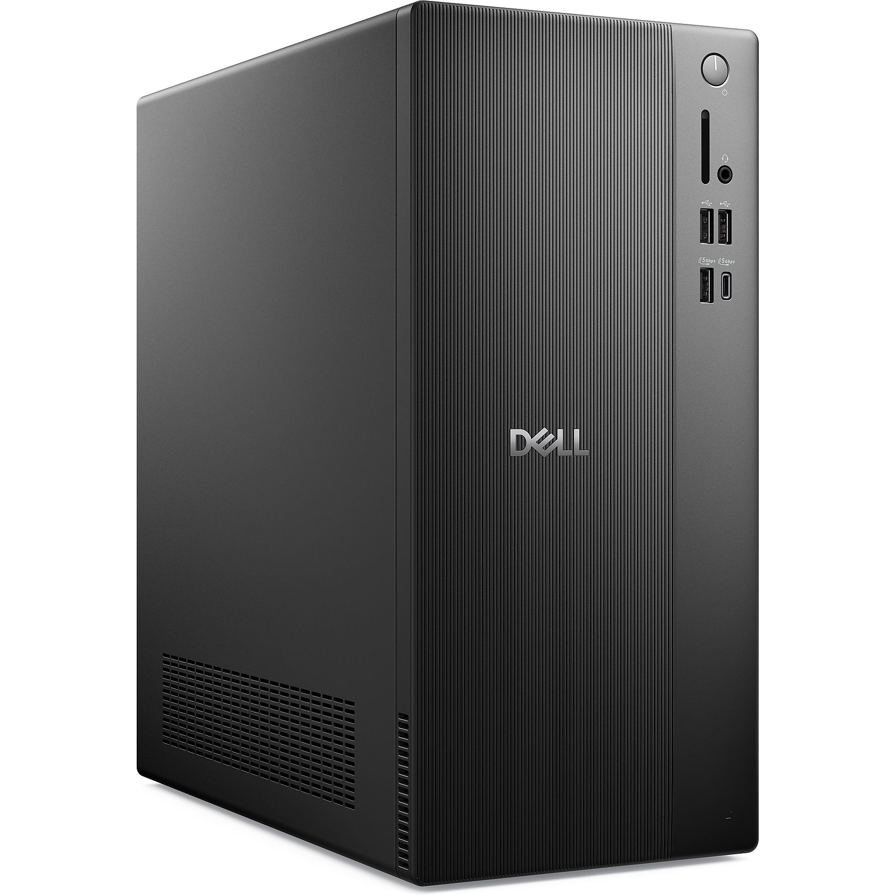 Torre PC Dell nera con frontale scanalato e porte.