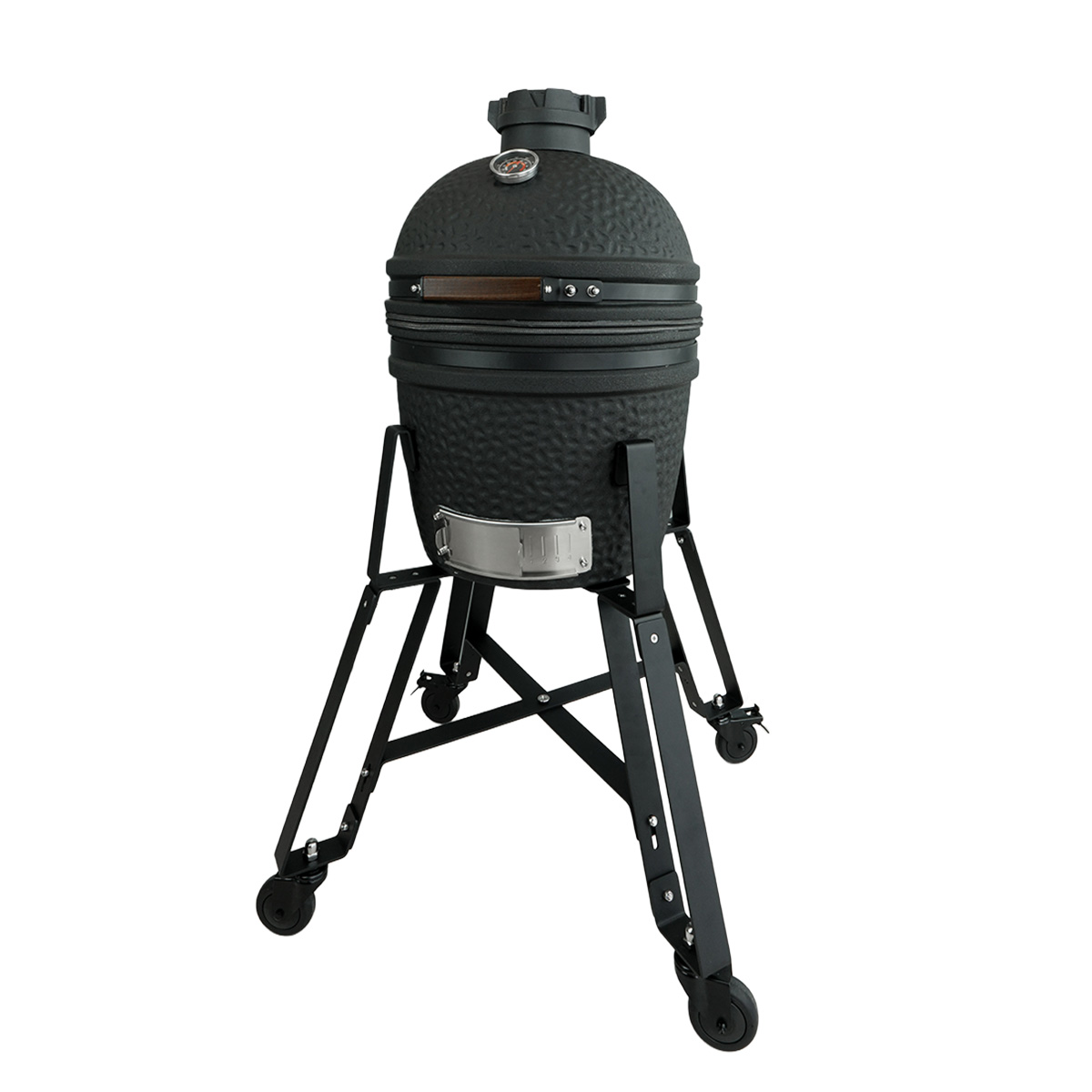 Schwarzer Keramikgrill mit Metallständer und Rädern, mit Thermometer.