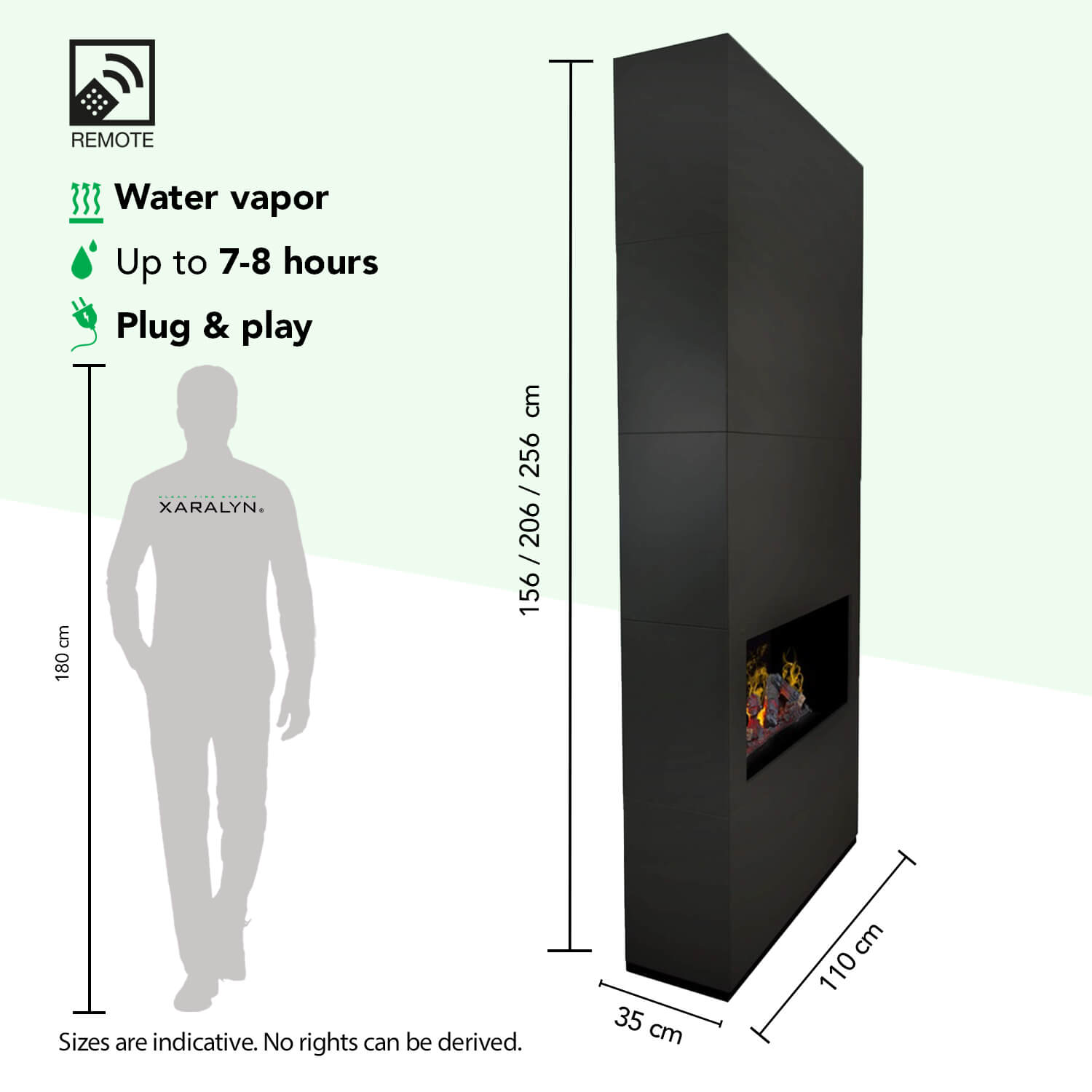 Een zwarte open haard met vlammen, afmetingen en figuur.