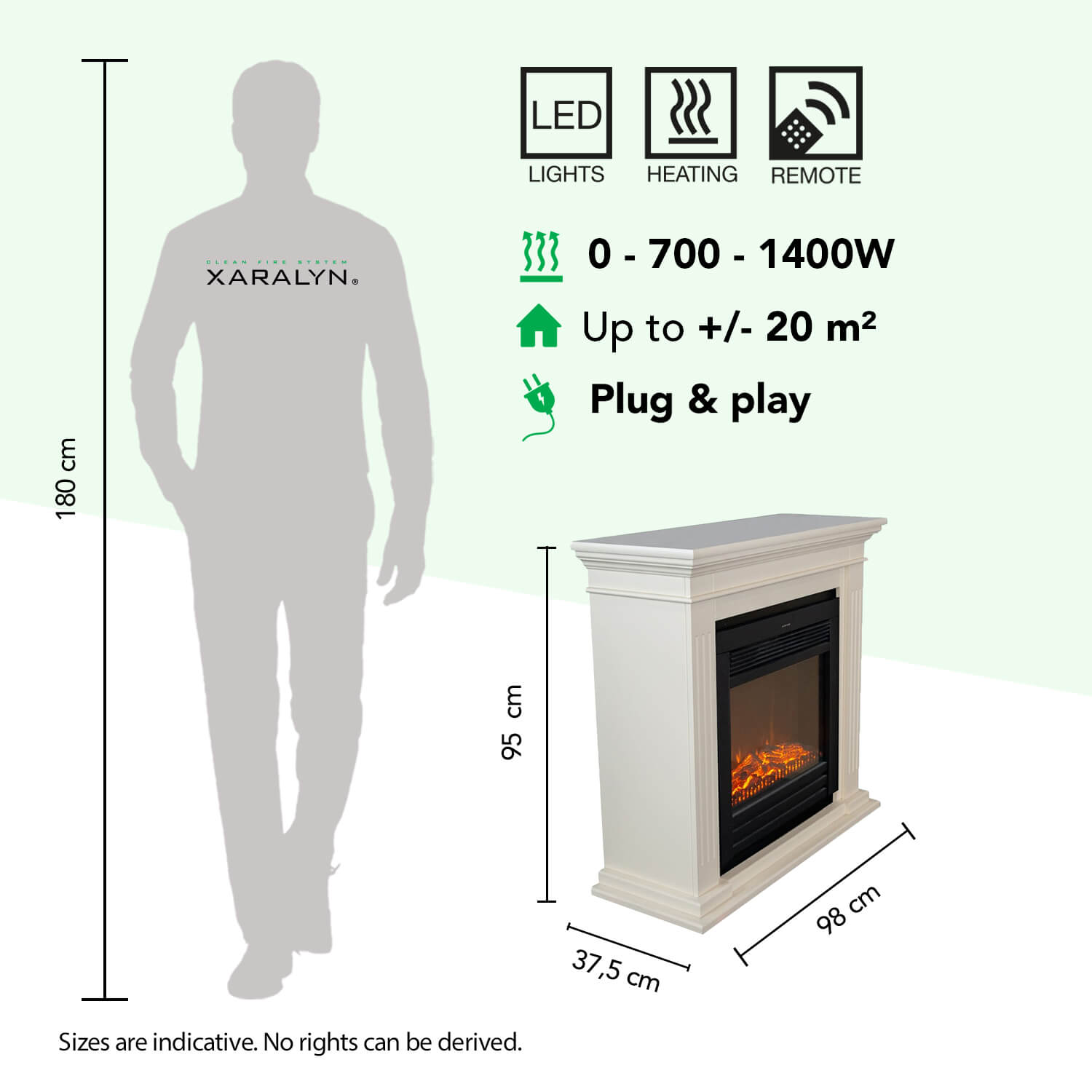 Een witte haard met LED-verlichting, verwarming en afstandsbediening. Afmetingen: 95x98x37,5 cm.