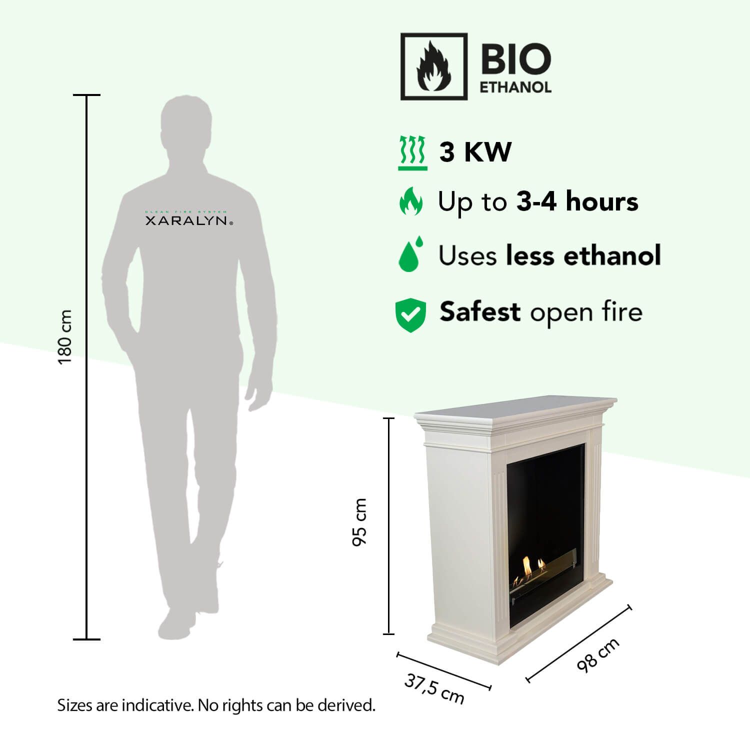 Een man (180 cm) naast een witte bio-ethanol haard (98x37,5x95 cm).