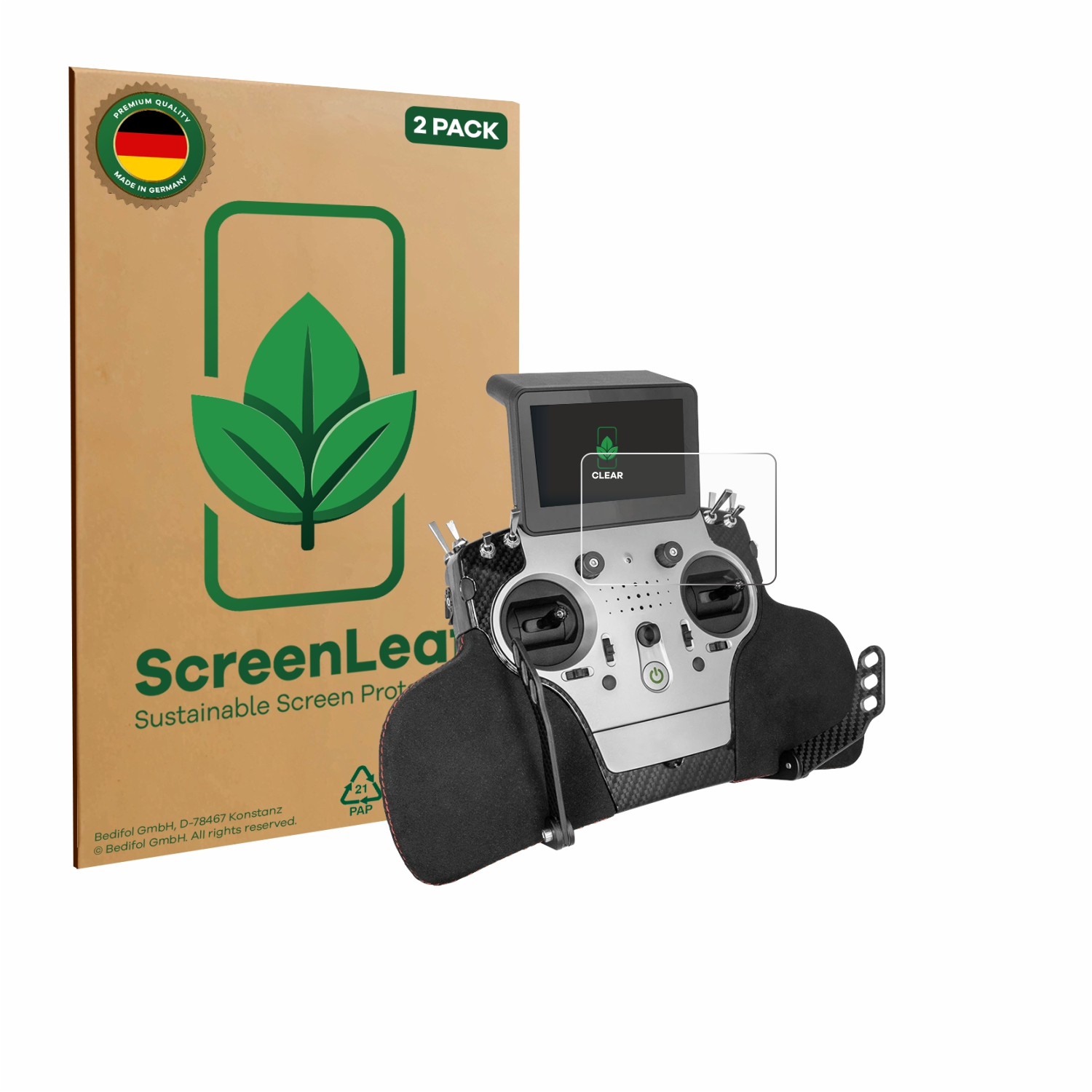 Verpackung für 2 Displayschutzfolien und eine Fernbedienung mit Displayschutz.