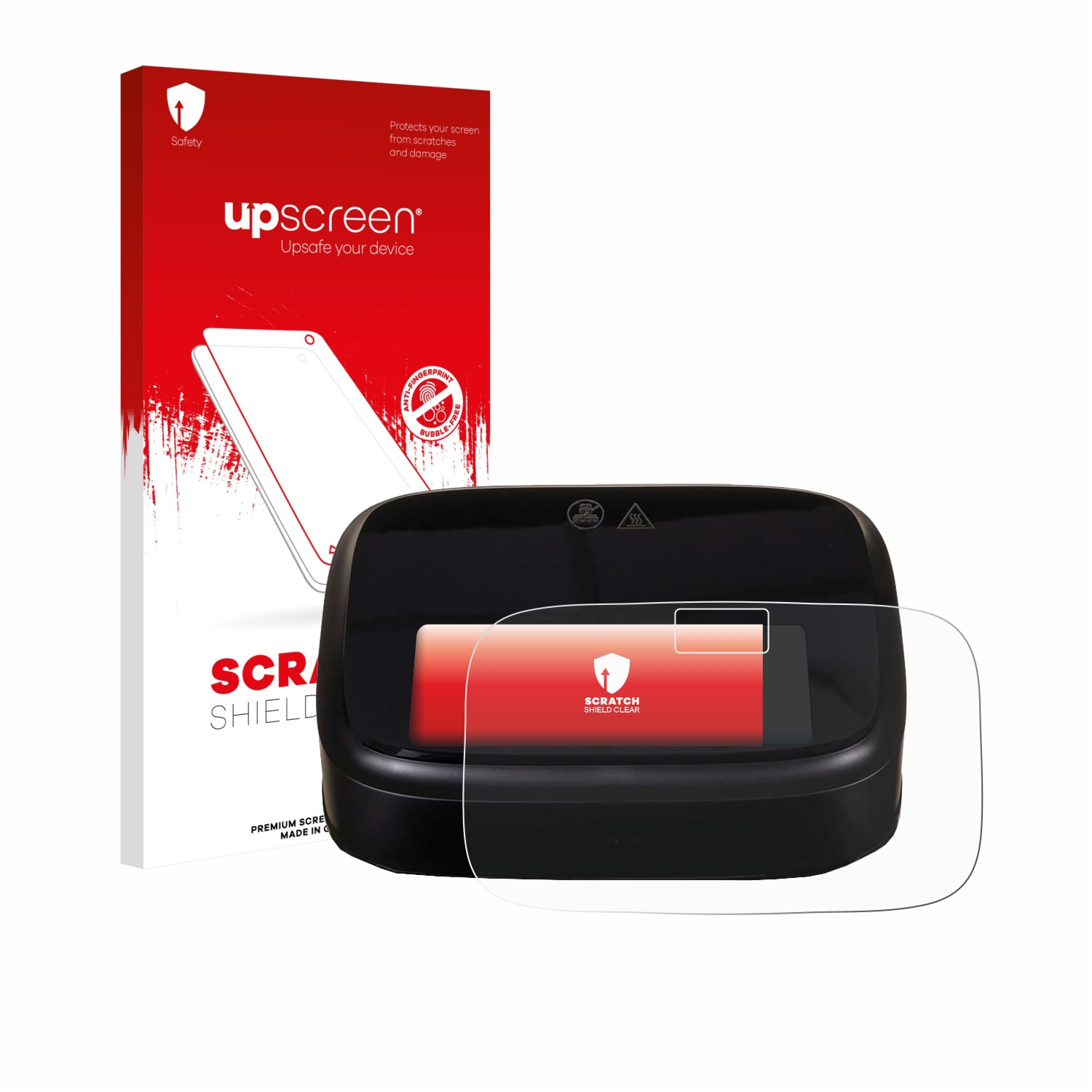 Verpackung und Displayschutzfolie für ein Gerät. Rot und Schwarz.