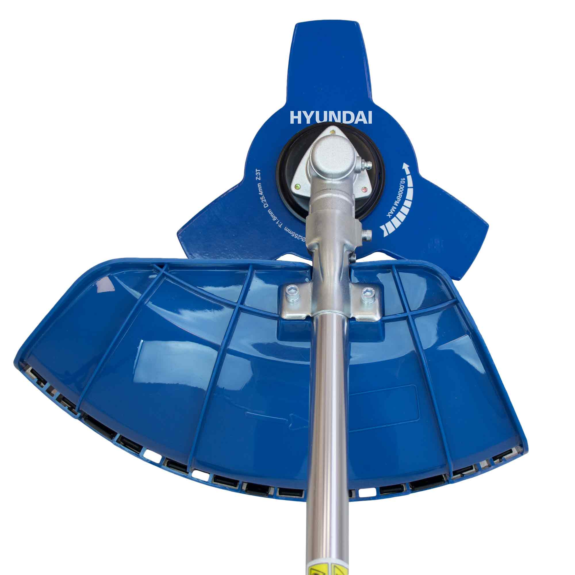 Cabezal azul de desbrozadora Hyundai con cuchillas metálicas y protector.
