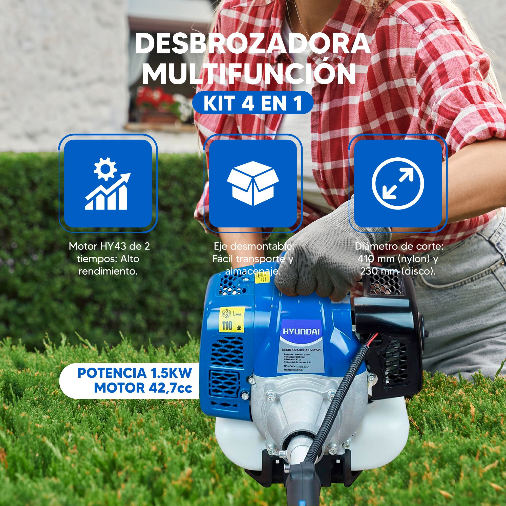 Una persona muestra una desbrozadora multifuncional Hyundai azul con varias funciones.