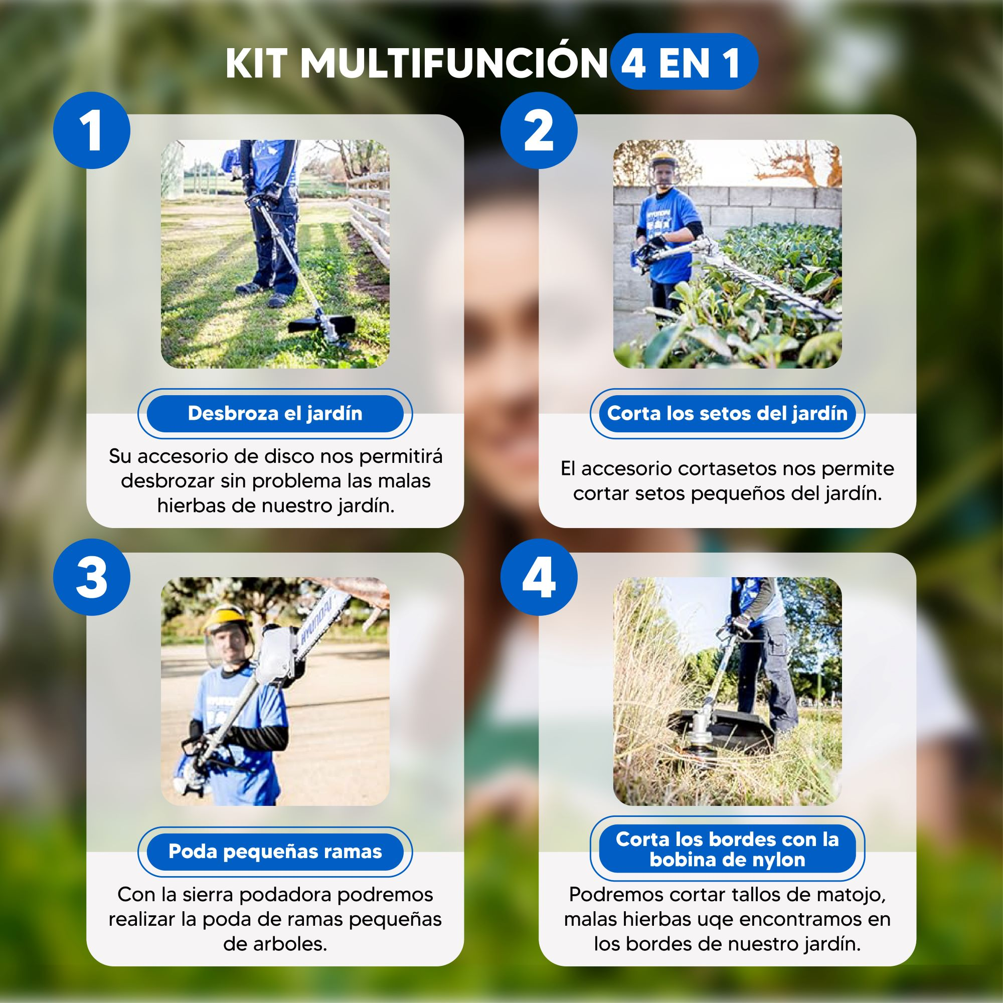 Kit multifunción: desbrozadora, cortasetos, podadora, bordeador.