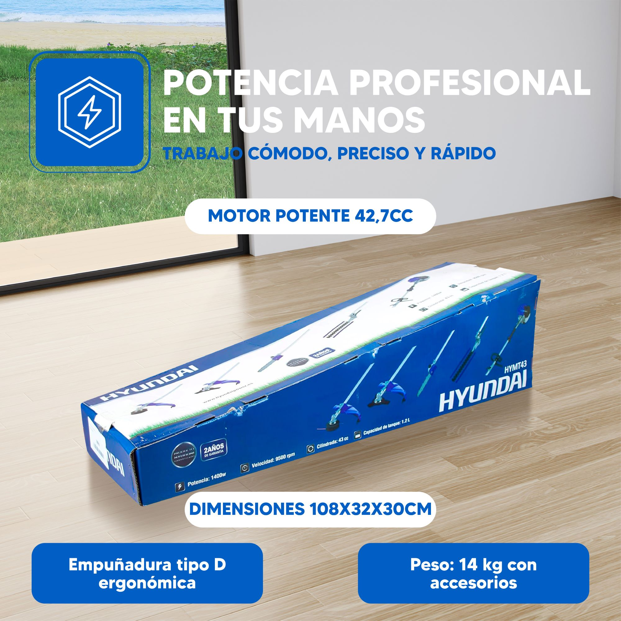 Caja Hyundai con herramientas: motor potente, garantía de 2 años.