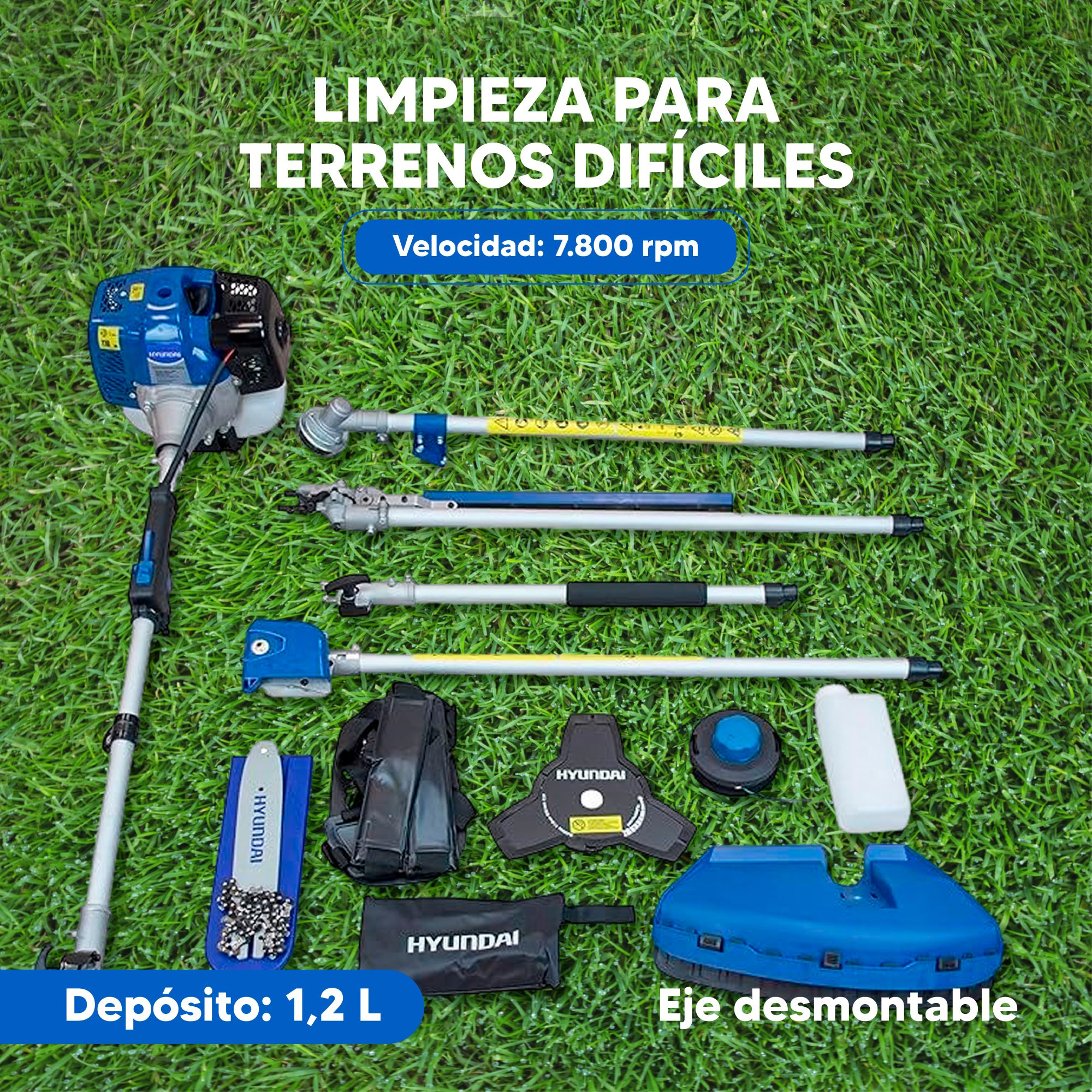Una desbrozadora Hyundai azul con accesorios sobre césped.