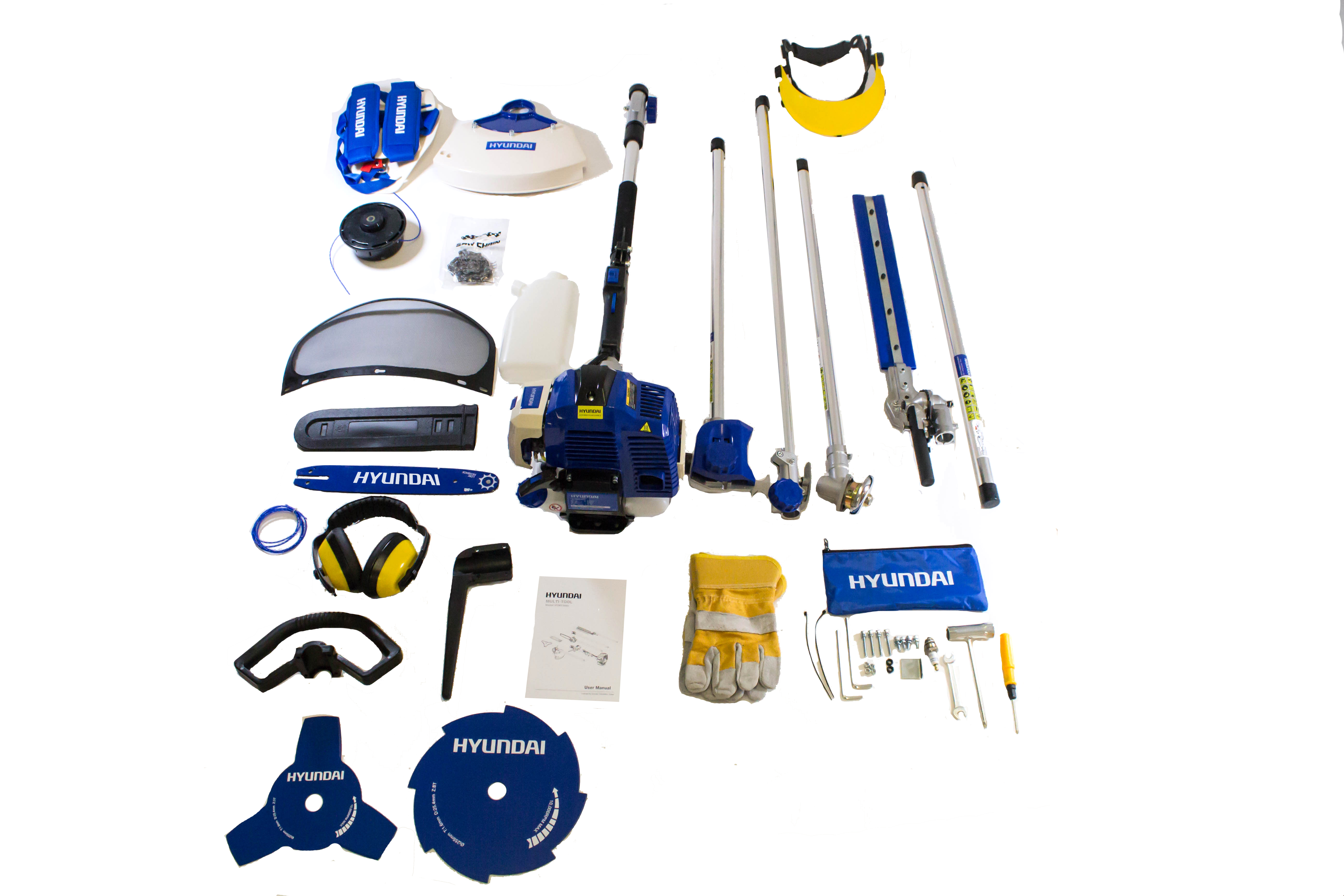 Accesorios para herramientas de jardín Hyundai: motor, cabezales de corte, protector, herramientas.