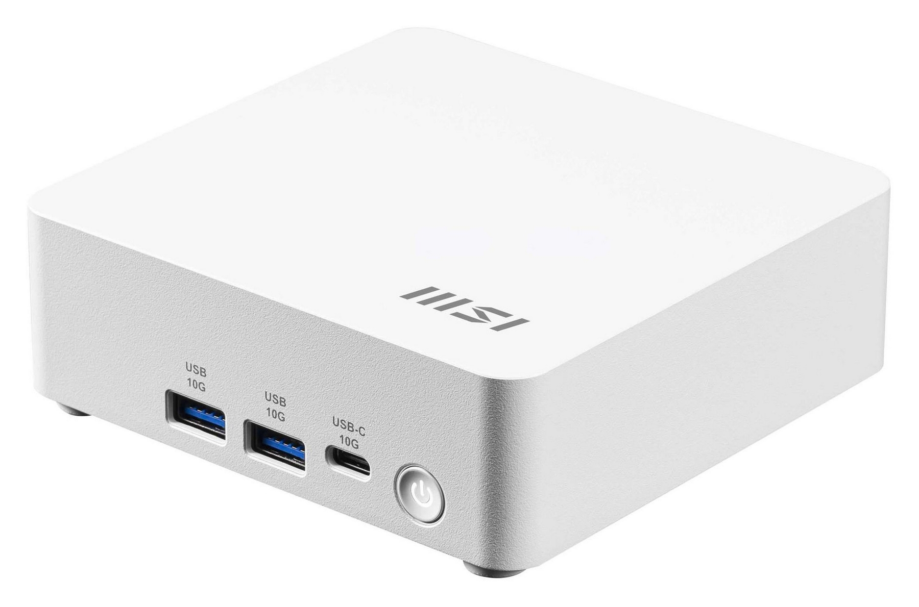 A white rectangular computer with a silver power button, three USB ports, and an MSI logo is on a white background.