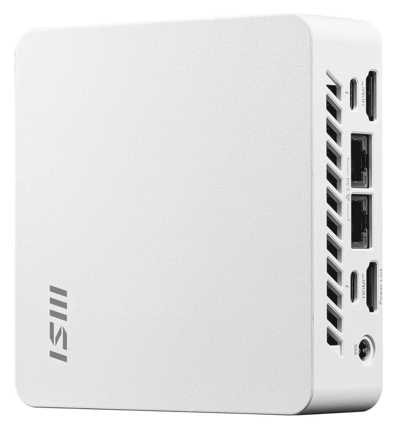 White mini PC with MSI logo, ventilation slots, and ports like HDMI and USB.