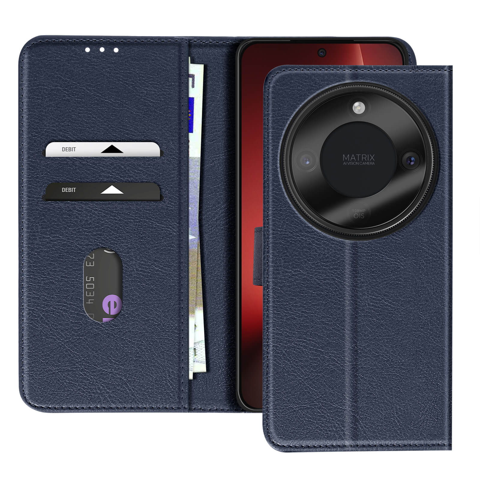 Custodia blu scuro per telefono con fessure per carte e banconote, mostra una fotocamera.