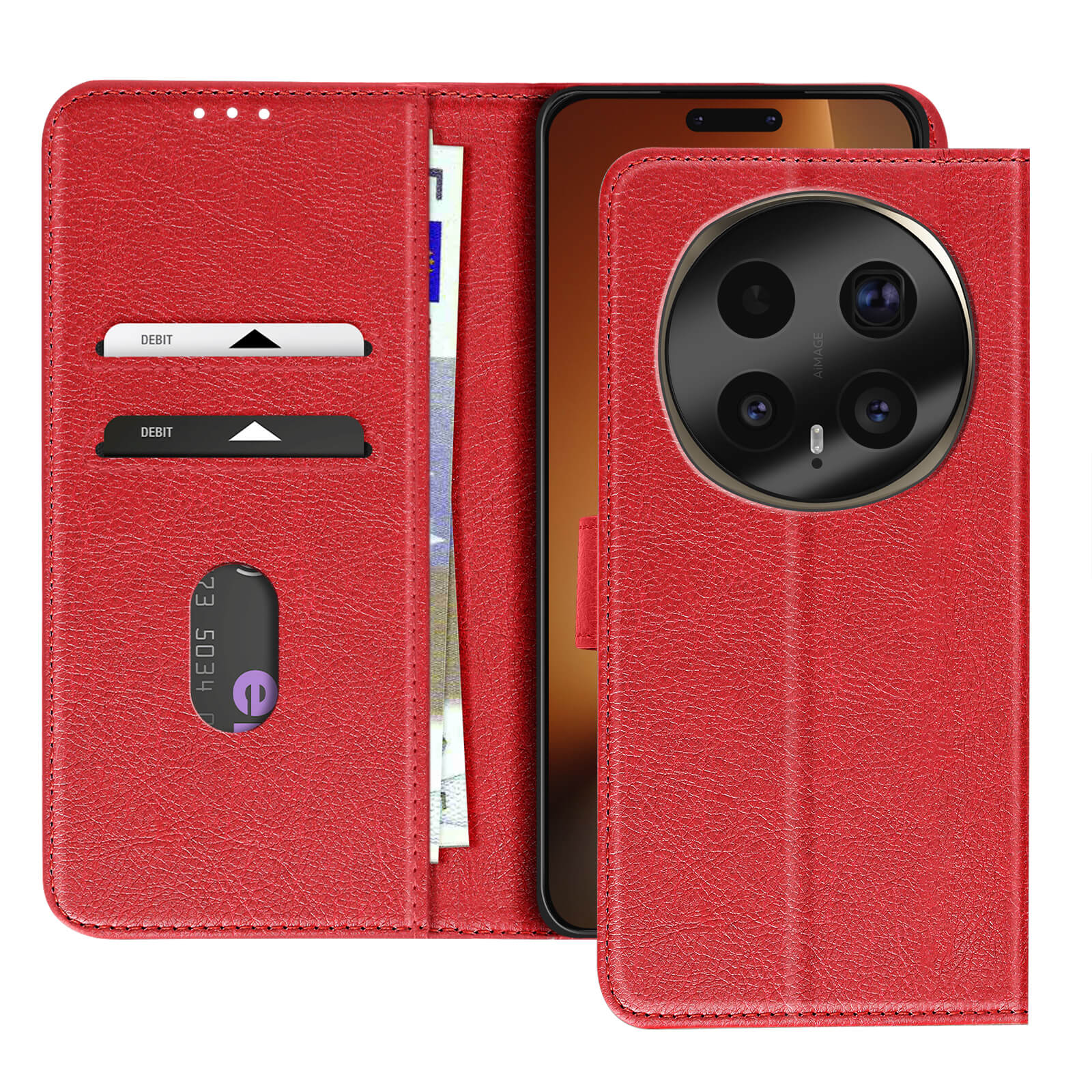 Custodia rossa per telefono con slot per carte e obiettivo tondo.