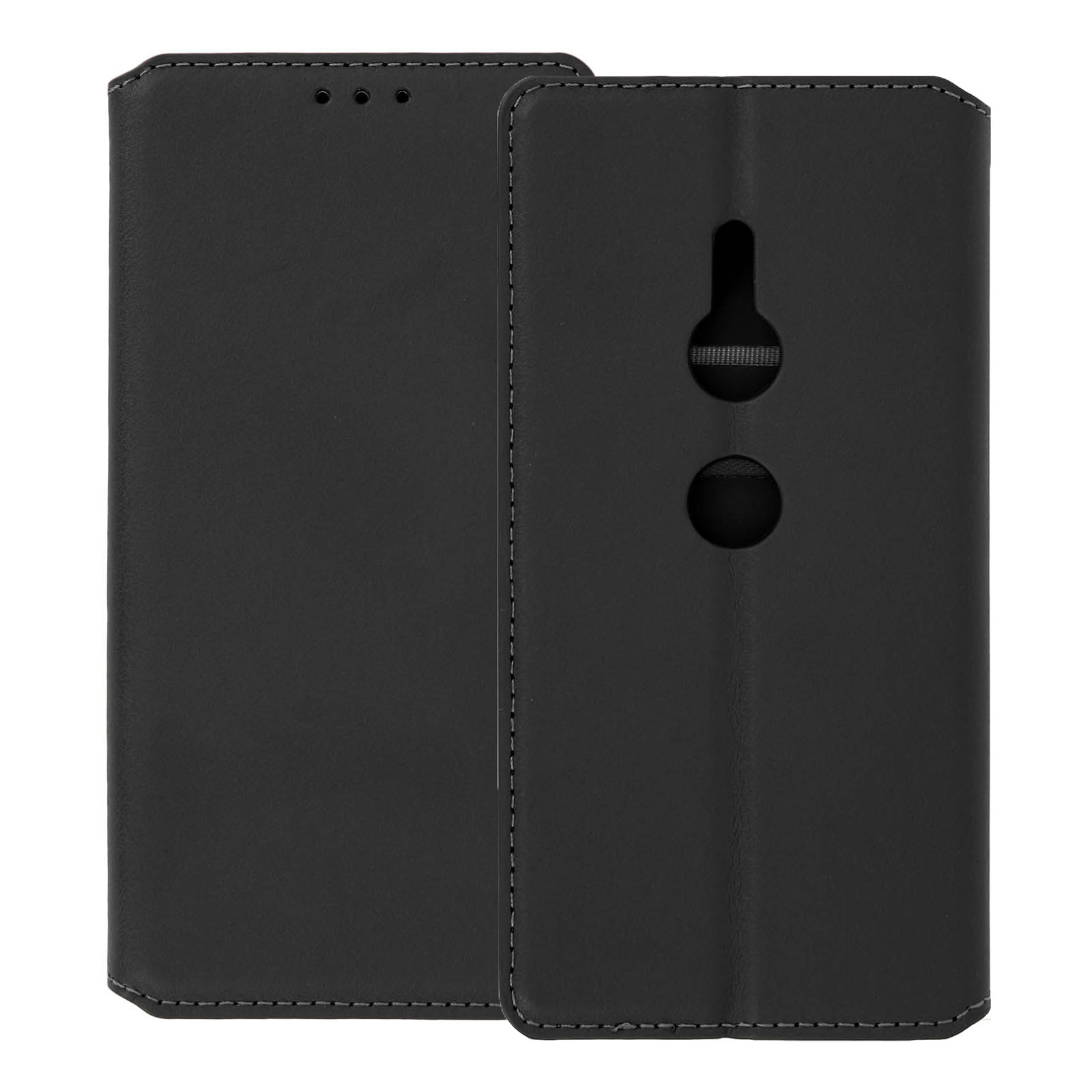 Custodia nera per telefono con due ritagli per fotocamera e flash.
