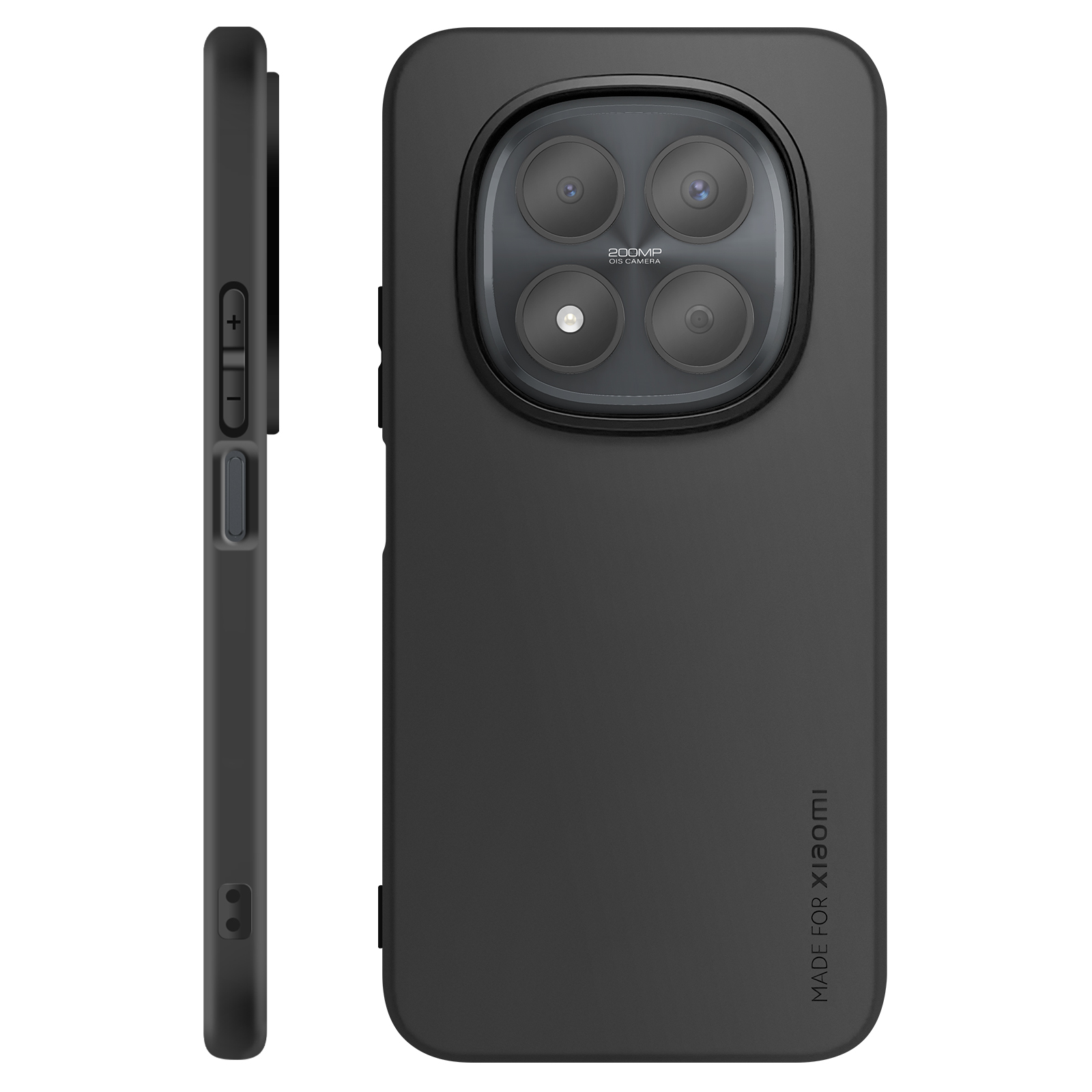 Coque de téléphone noire avec quadruple caméra et texte. Vue latérale gauche.