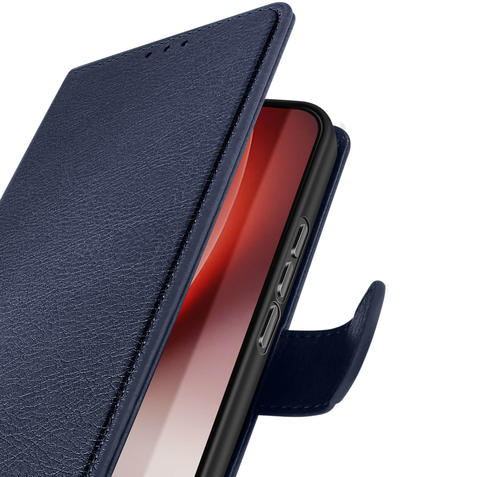 Copri telefono blu scuro con flip aperto, che mostra uno schermo rosso.