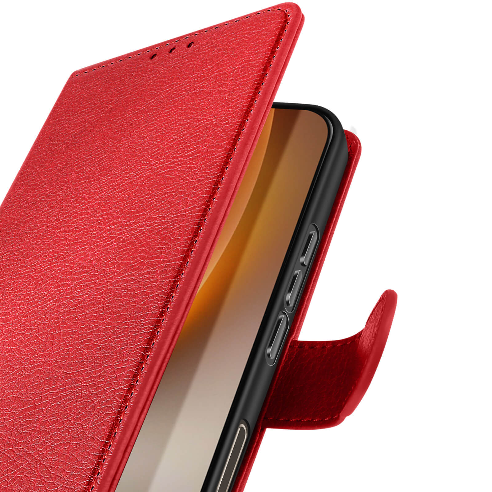 Custodia a libro in pelle rossa che mostra il lato del telefono con pulsanti.