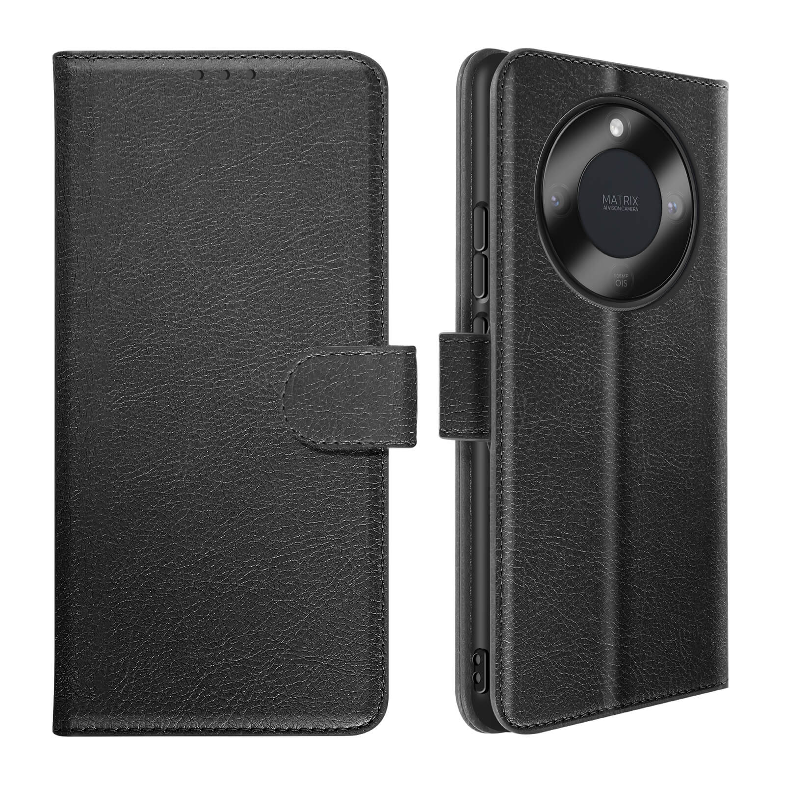 Custodia flip in pelle nera per smartphone con ritaglio modulo fotocamera.