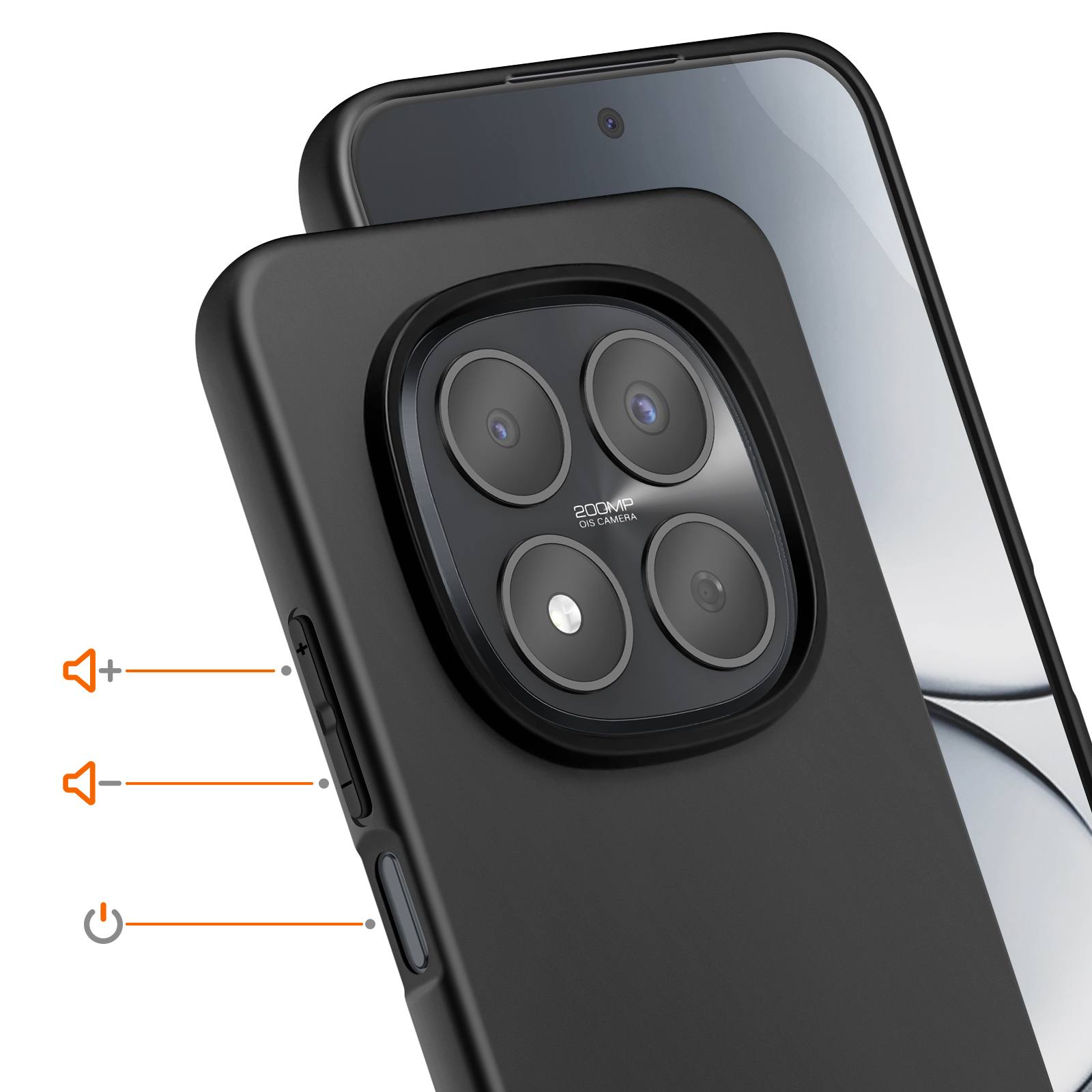 Smartphone noir avec appareil photo quadruple et boutons volume/alimentation.