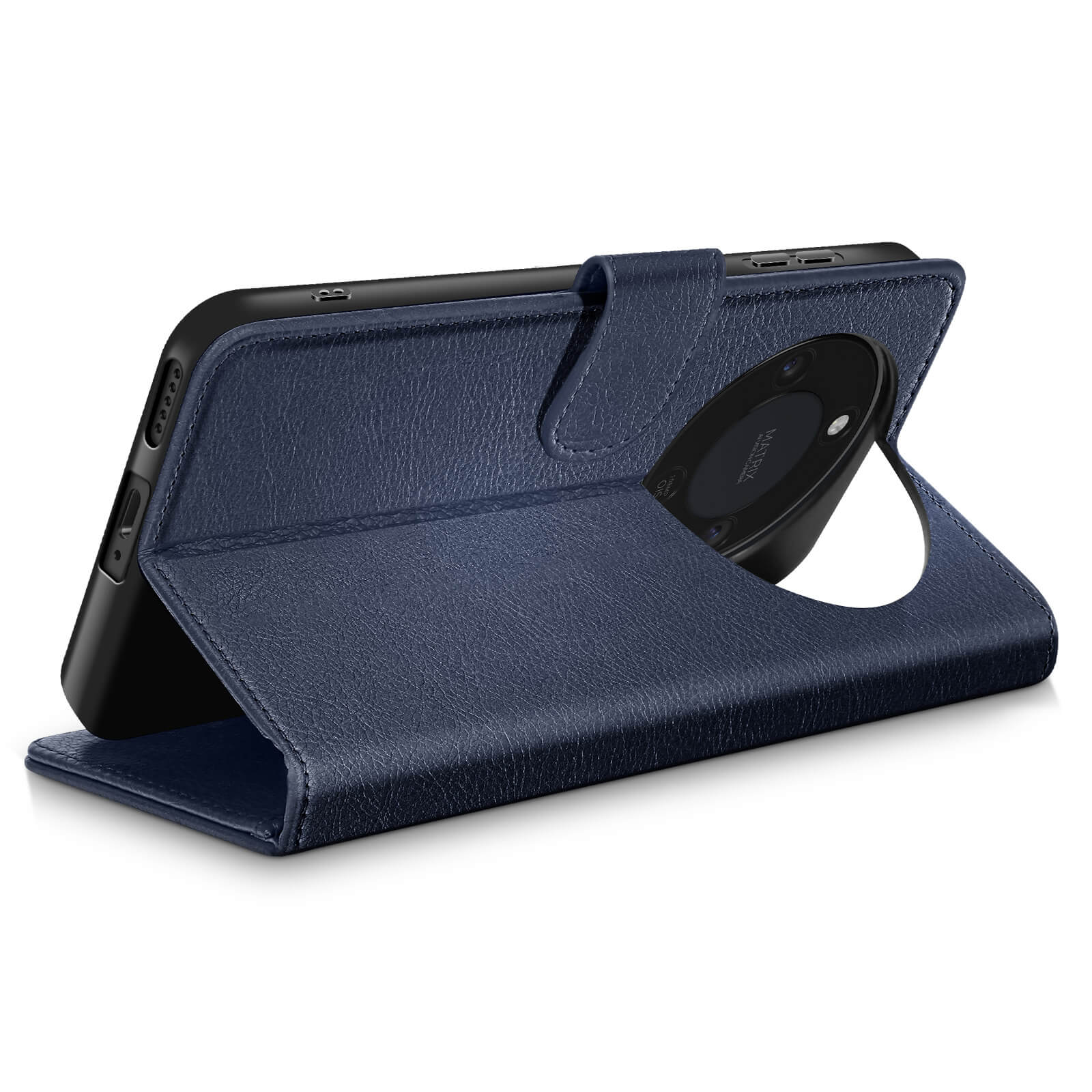 Una custodia a libro in pelle blu scuro per uno smartphone in piedi.