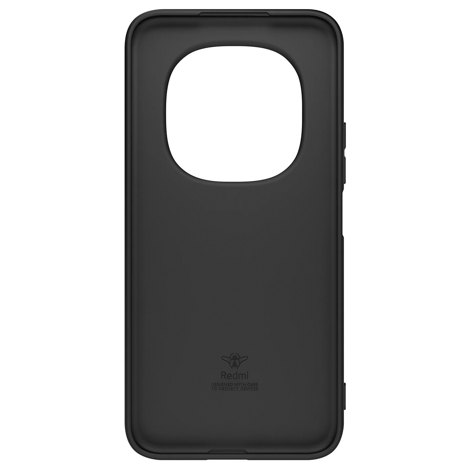 Coque de téléphone noire avec grande découpe caméra et logo Redmi.