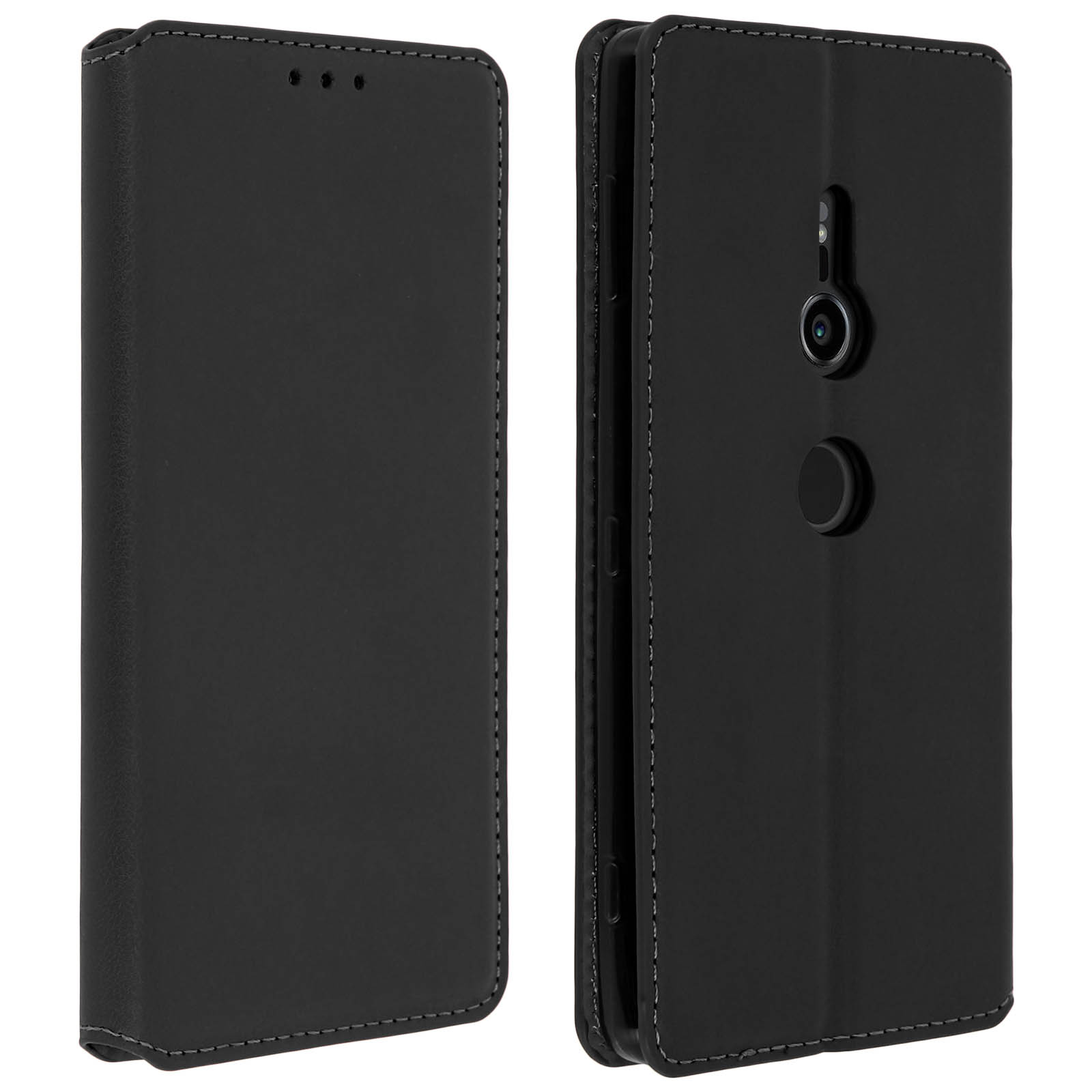 Custodia a libro in pelle nera per smartphone con ritaglio fotocamera.