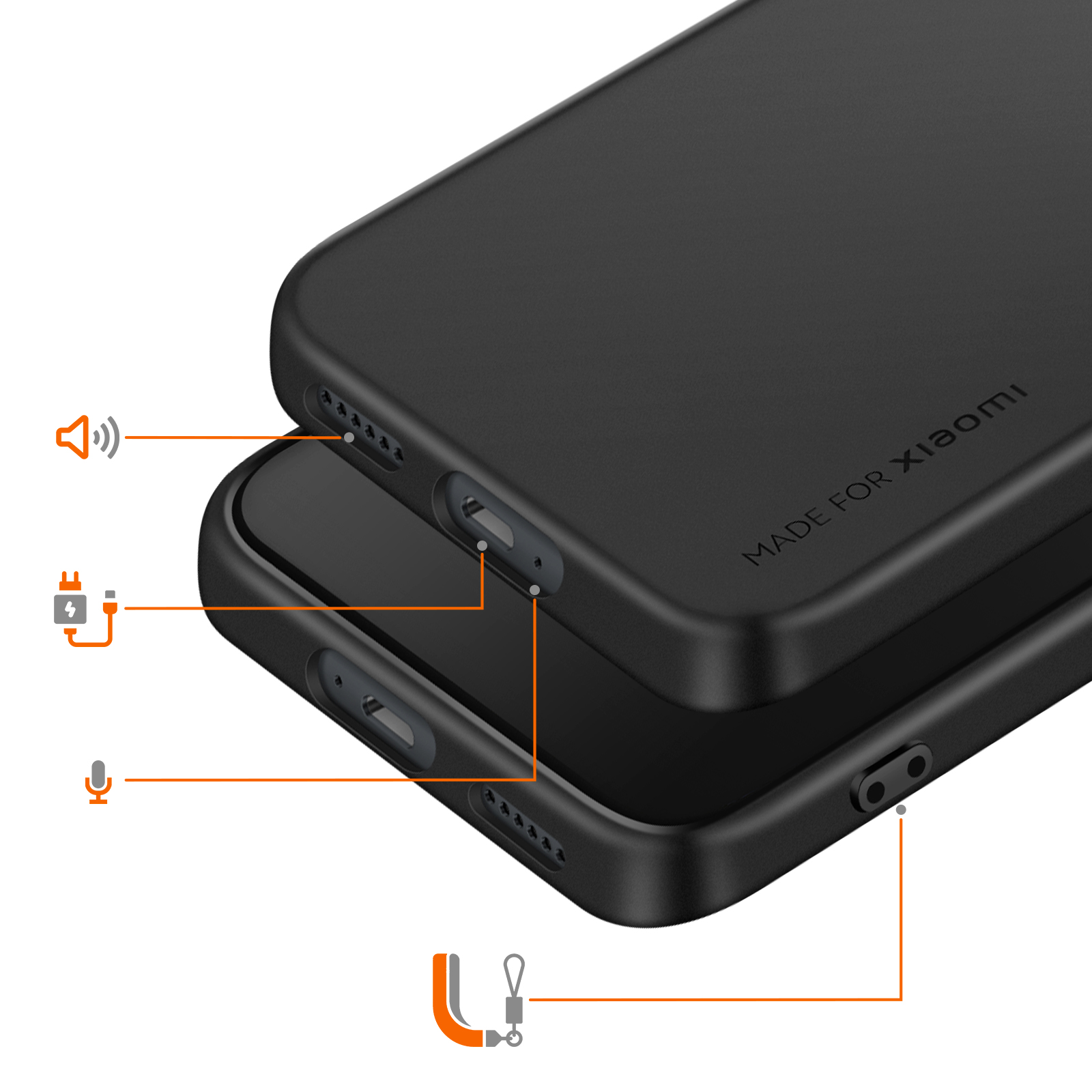 Coques de téléphone noires avec marques pour ports et logos.