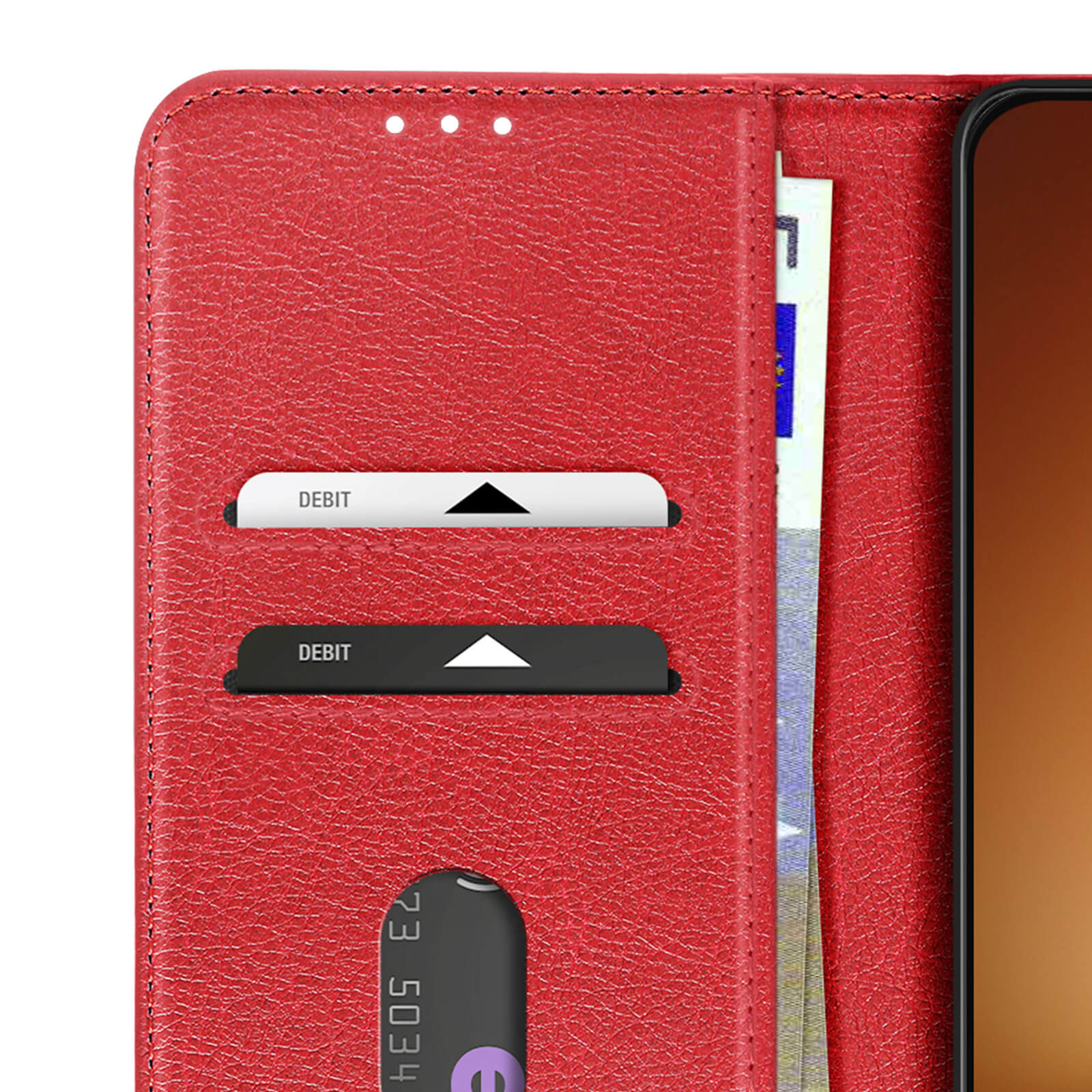 Custodia in pelle rossa con fessure per carte e banconote.