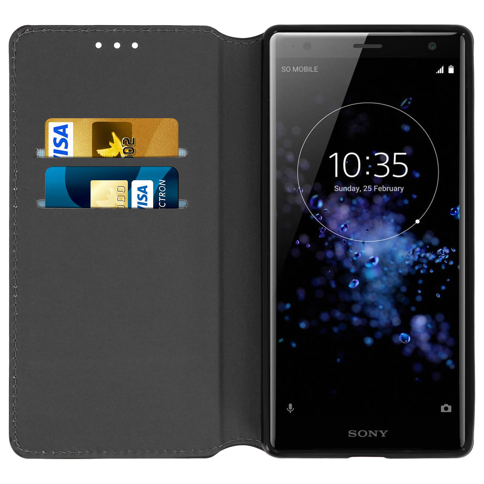 Una custodia a libro nera per telefono con due slot per carte e uno smartphone Sony.