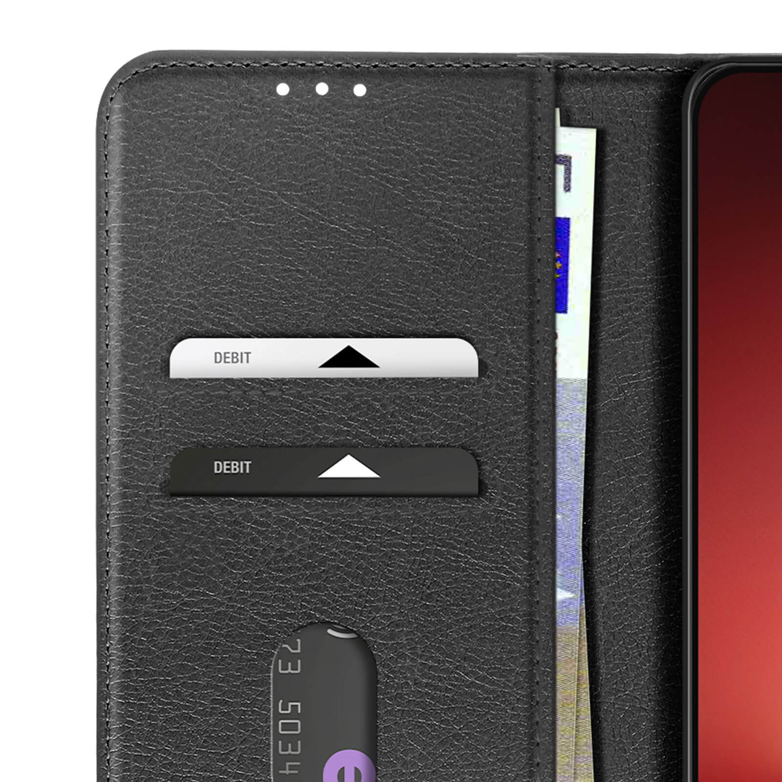 Portafoglio nero con fessure per carte, soldi e telefono.