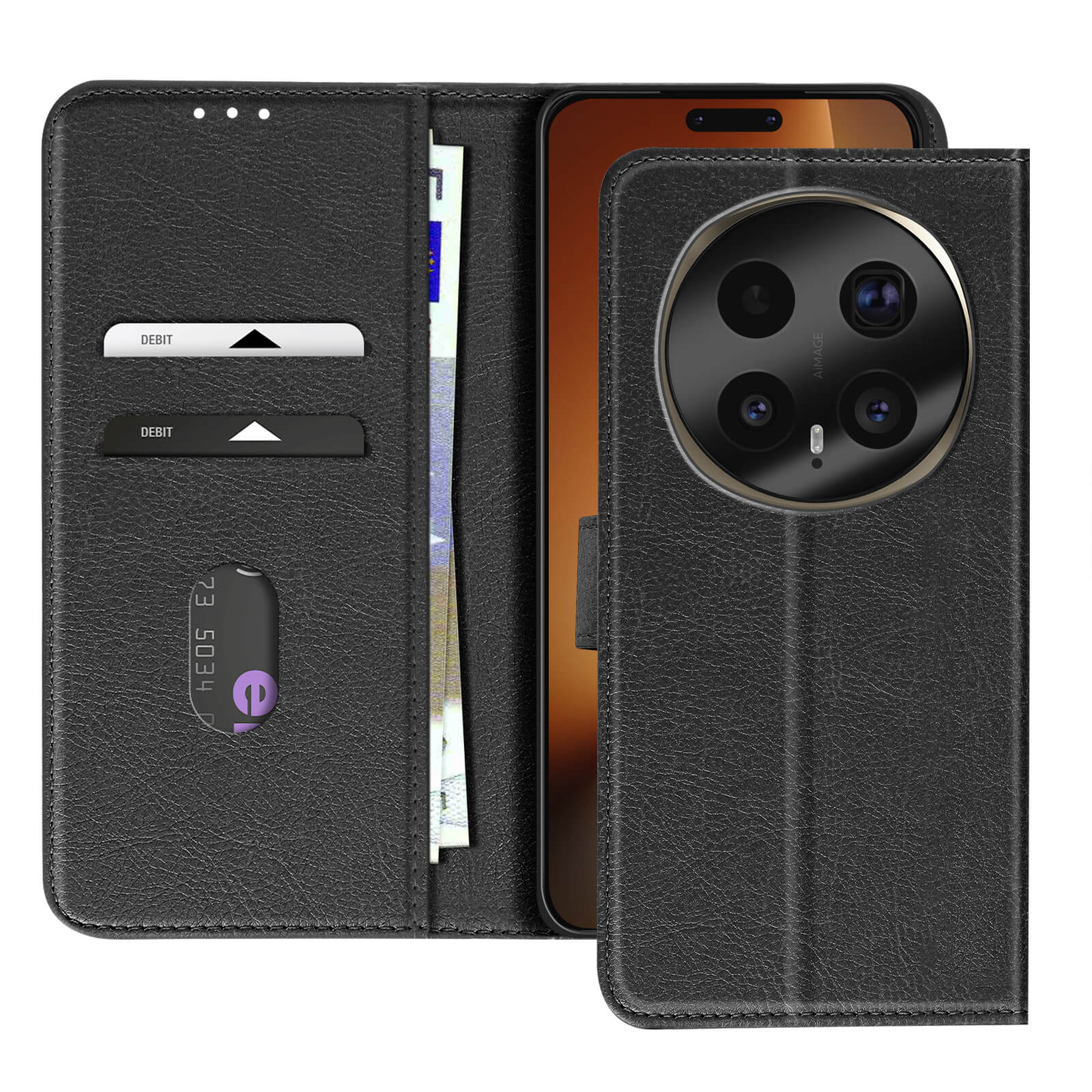 Schwarzes Handy-Flipcase mit Kartenfächern, Geldscheinen und Handy.