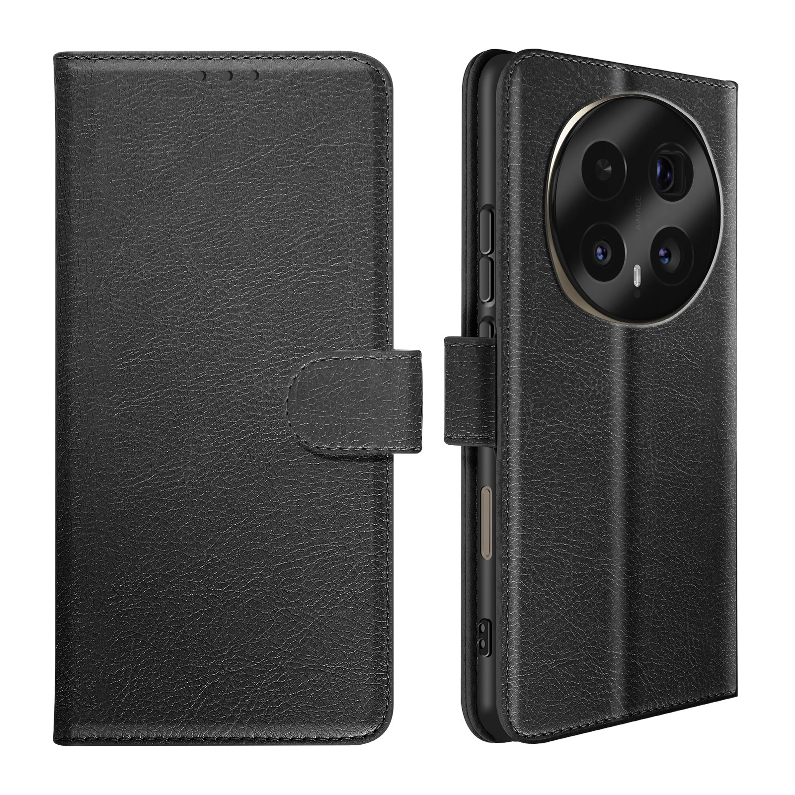 Schwarzes Leder-Flip-Case für ein Smartphone, seitliche Ansicht.