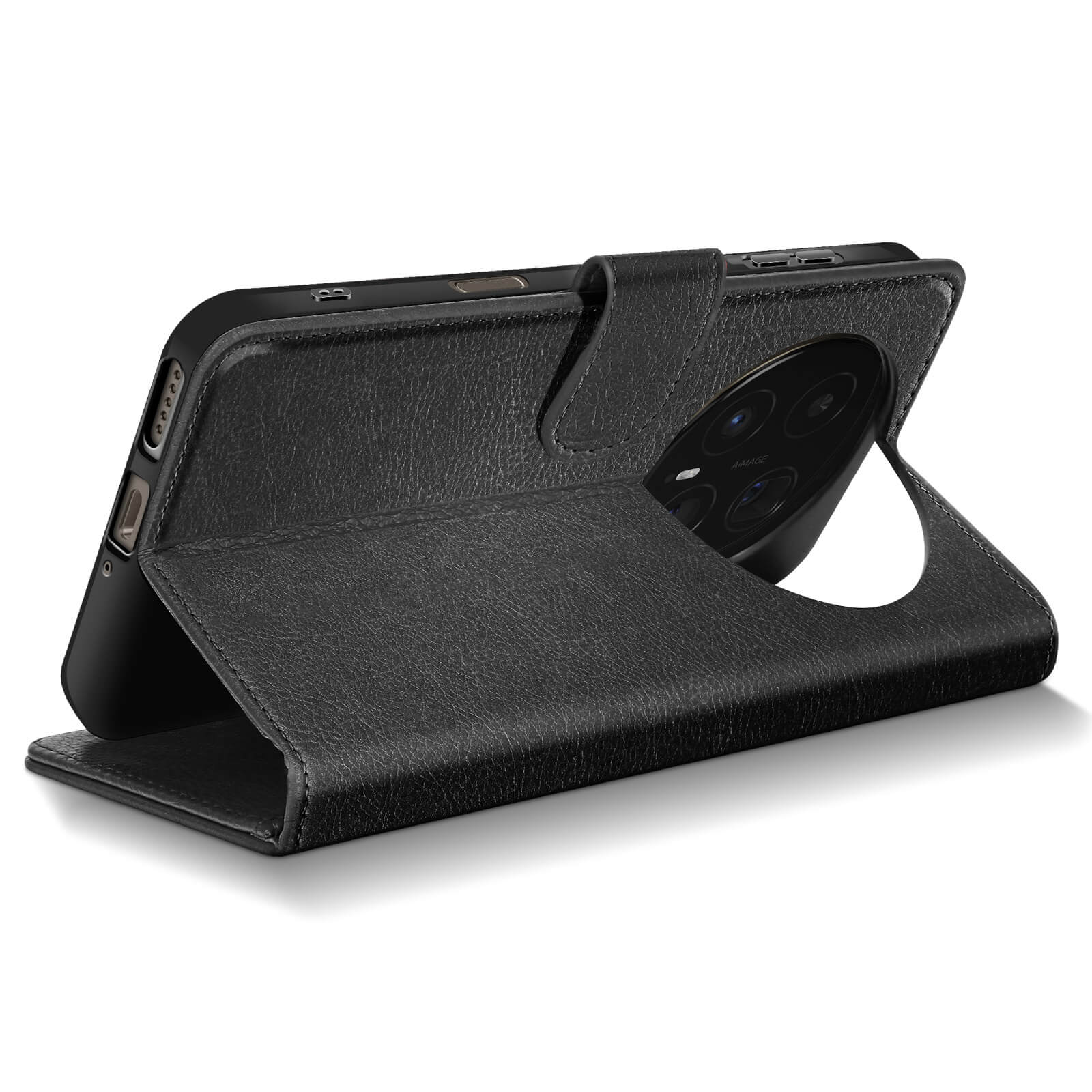 Schwarzes Leder-Flip-Case für ein Smartphone mit sichtbarer Kamera und Tasten.