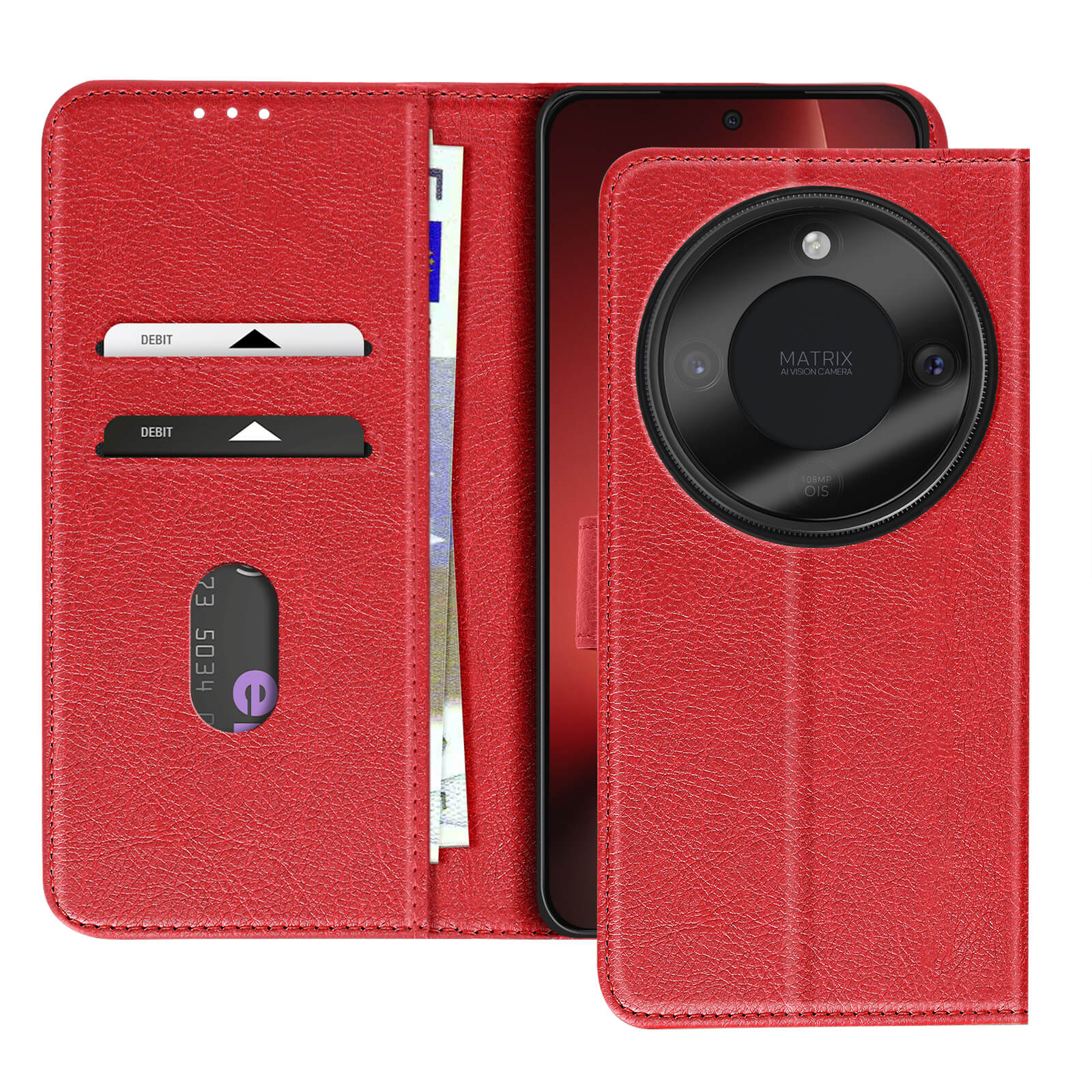 Custodia rossa per telefono con slot per carte, contanti e fotocamera smartphone.