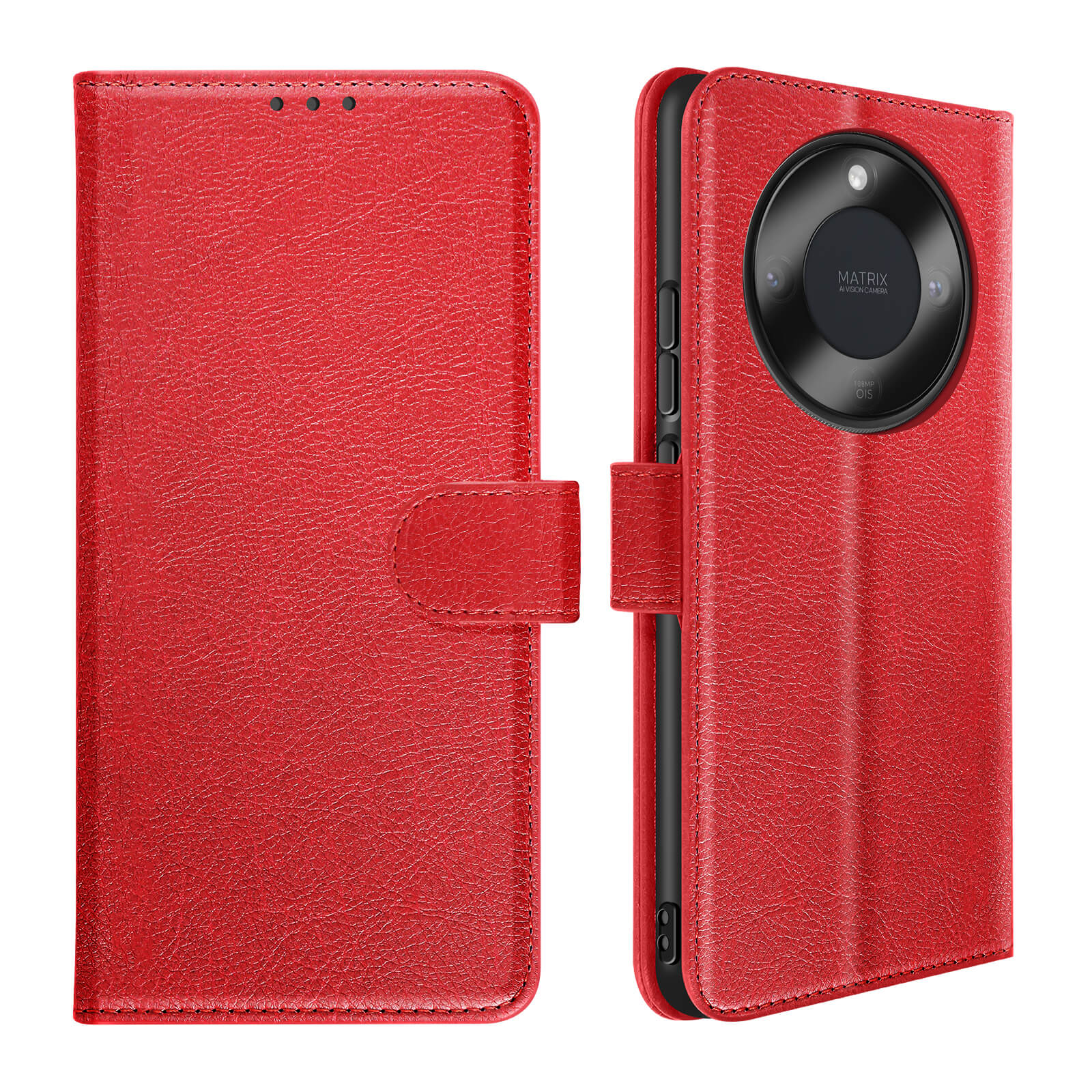 Custodia rossa in pelle per telefono con ritaglio fotocamera e chiusura magnetica.