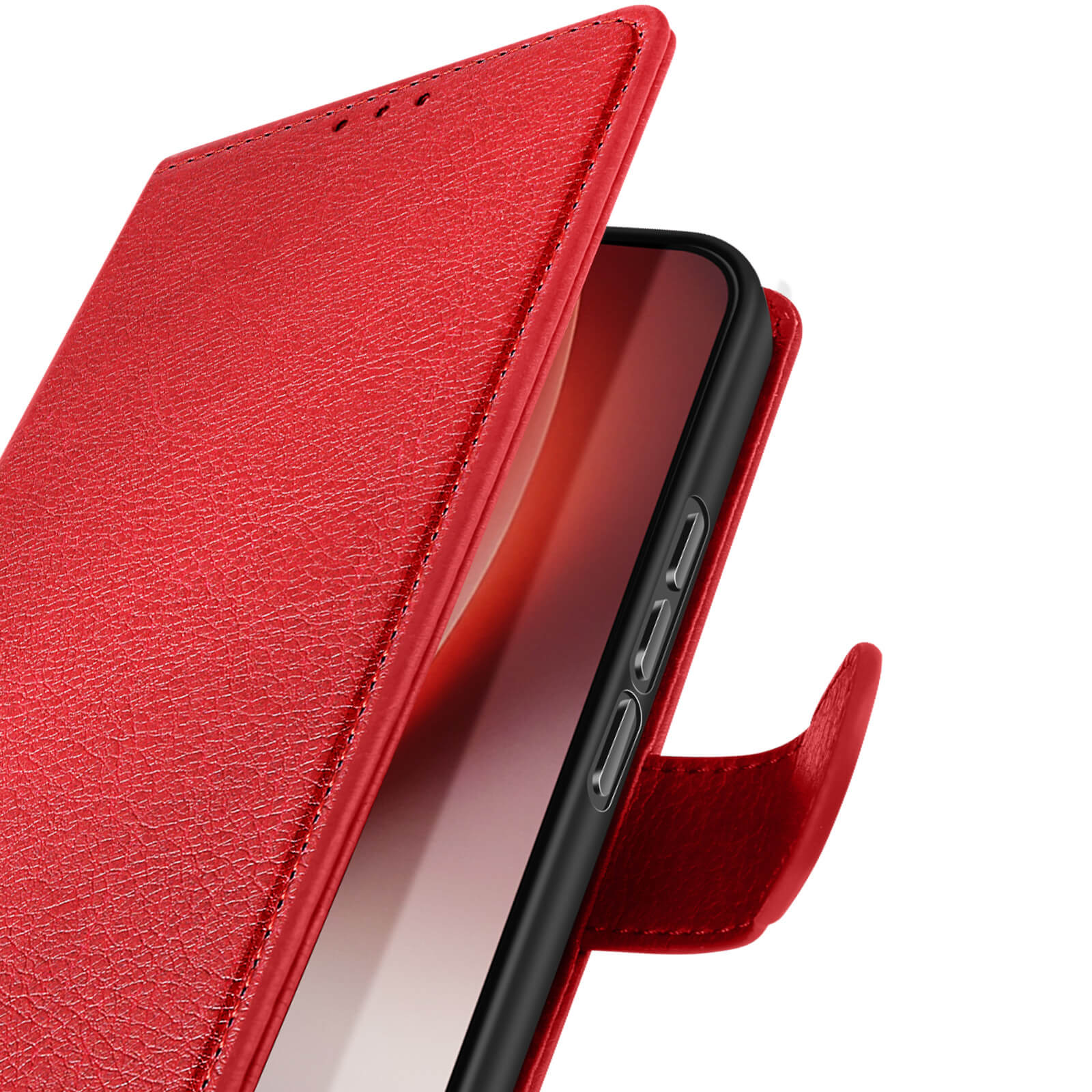 Una custodia rossa in pelle per smartphone è aperta.
