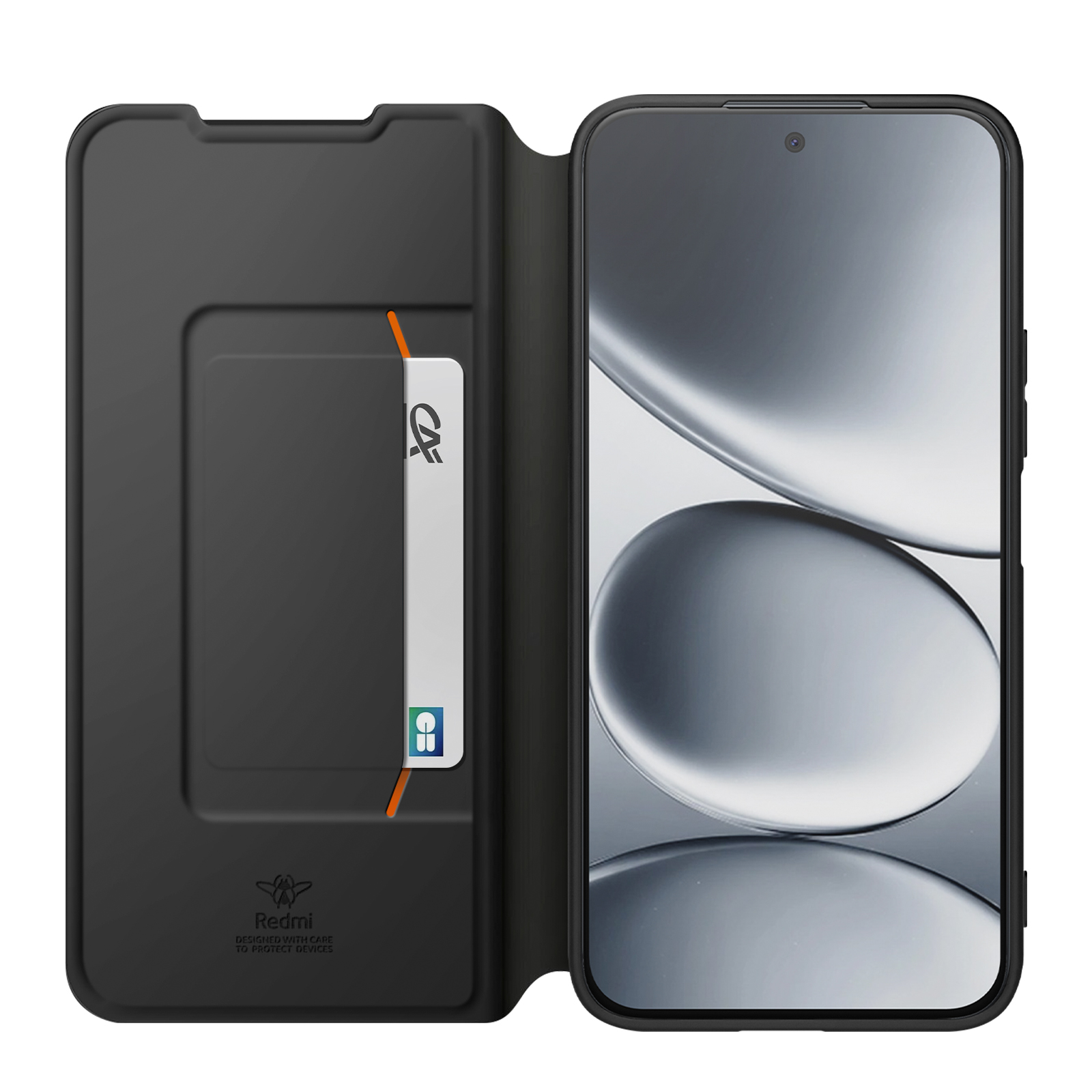 Ein schwarzes Handycover mit Kartenfach und einem Smartphone mit abstraktem Hintergrund.