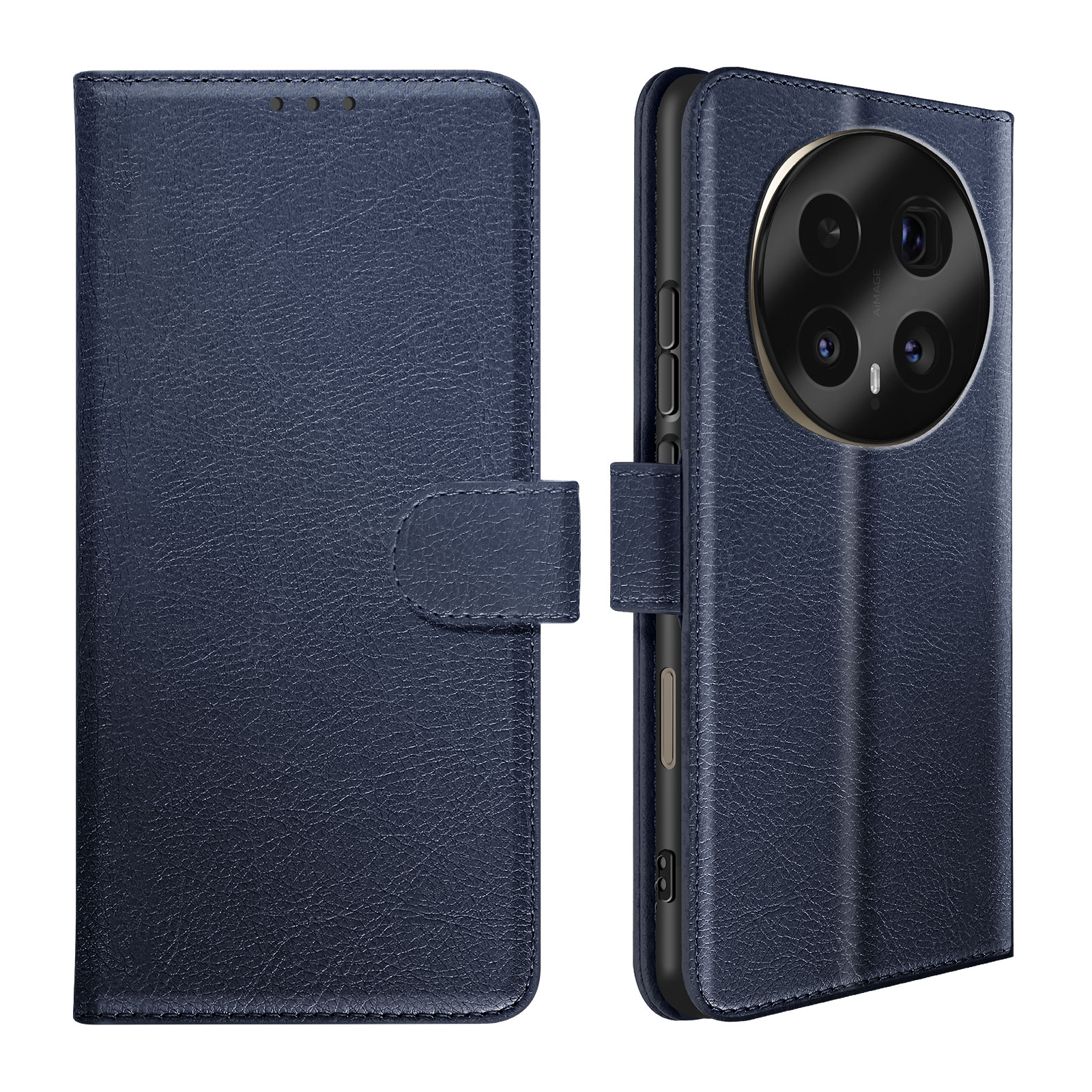 Dunkelblaue Lederhülle für ein Smartphone mit Kamera-Array-Ausschnitt.