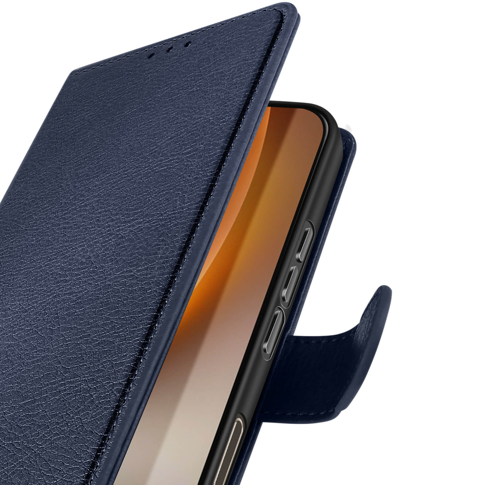 Dunkelblaue Handyhülle mit geöffneter Klappe, die ein Smartphone zeigt.