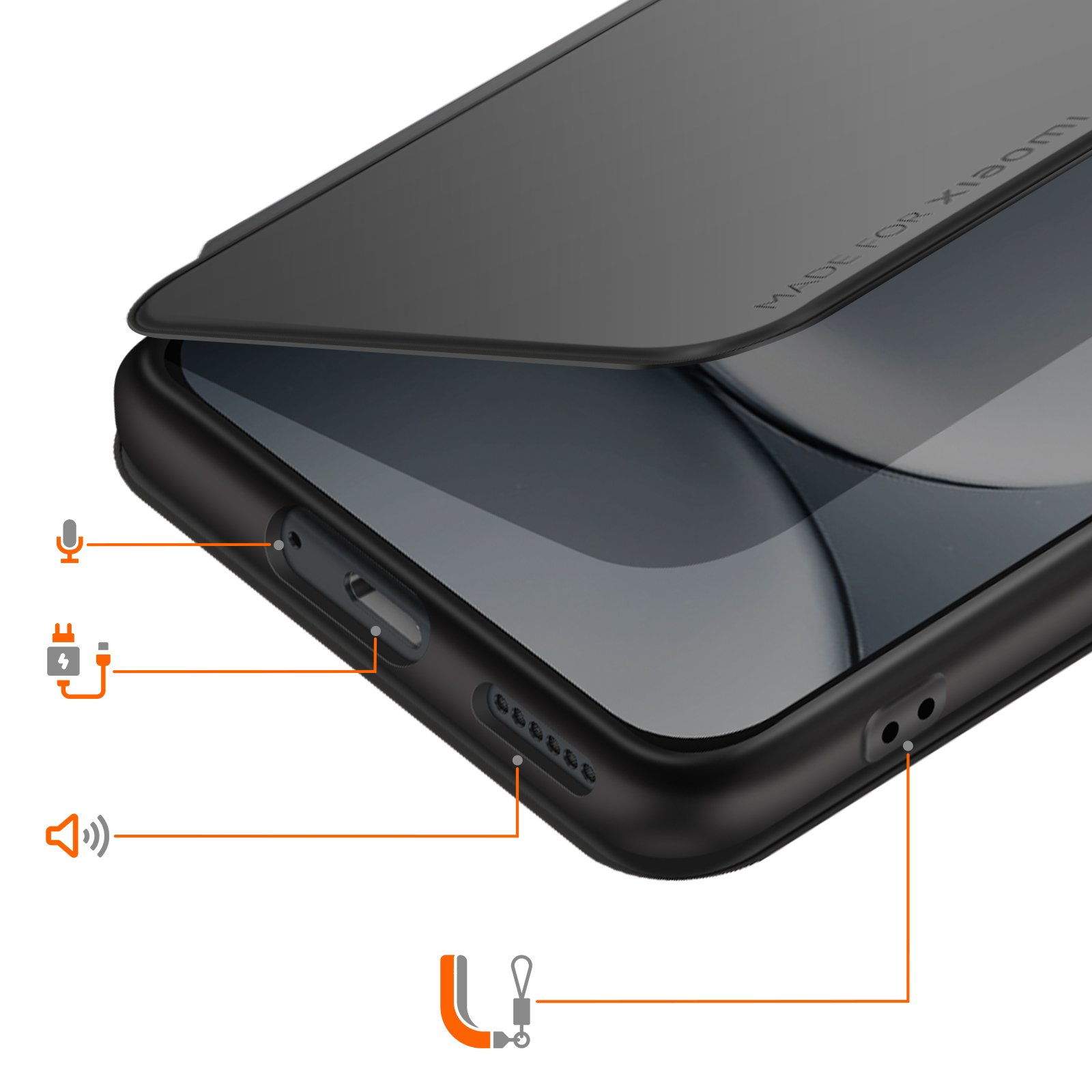 Schwarzes Handy mit Anschlüssen: Mikrofon, Ladebuchse, Lautsprecher, Lanyard-Öse.