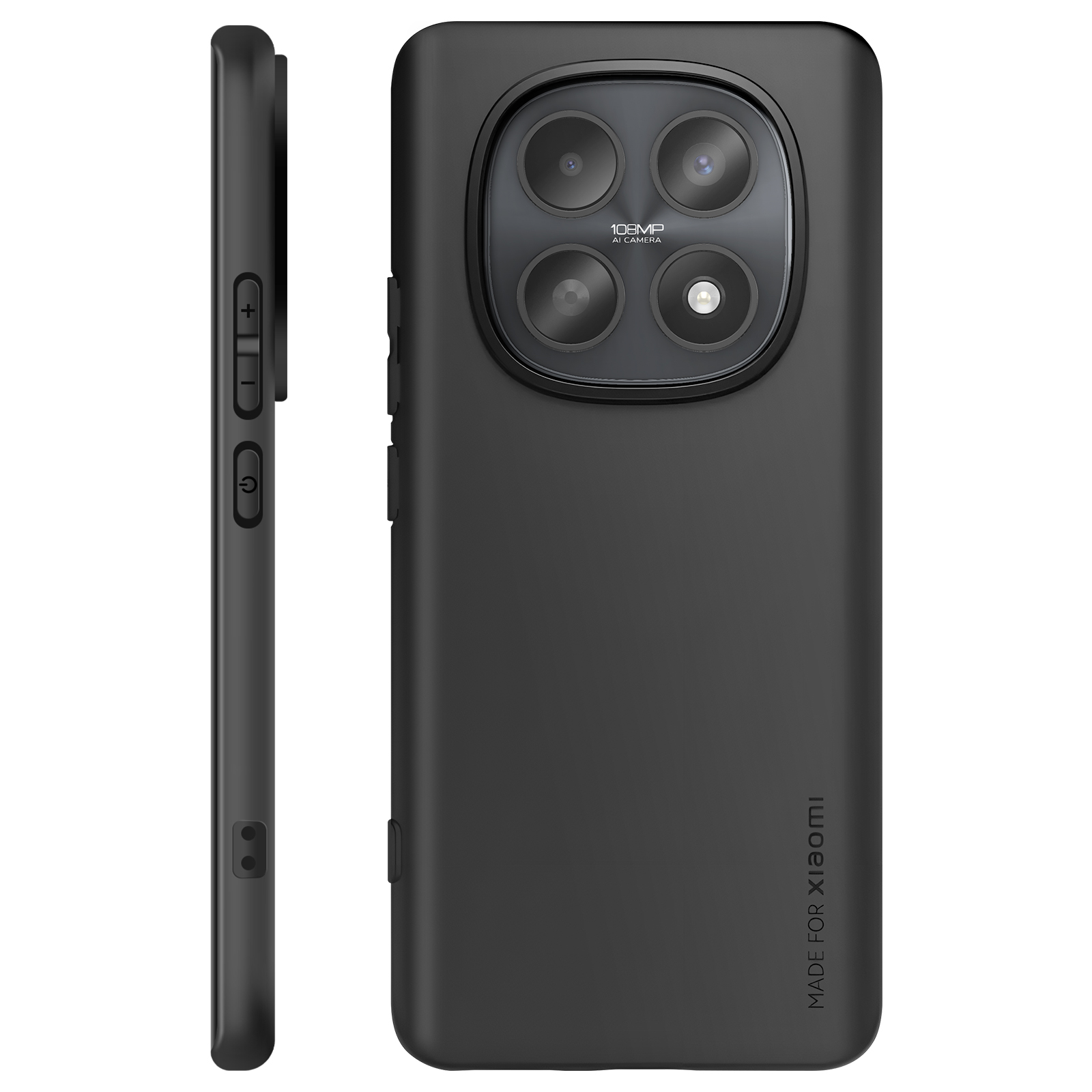Coque de téléphone noire avec bloc caméra et boutons latéraux.