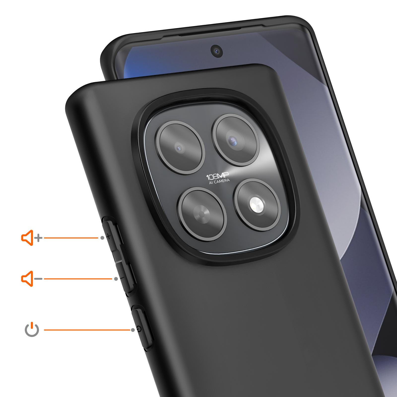 Coque de téléphone noire avec caméra quadruple et boutons volume/alimentation.