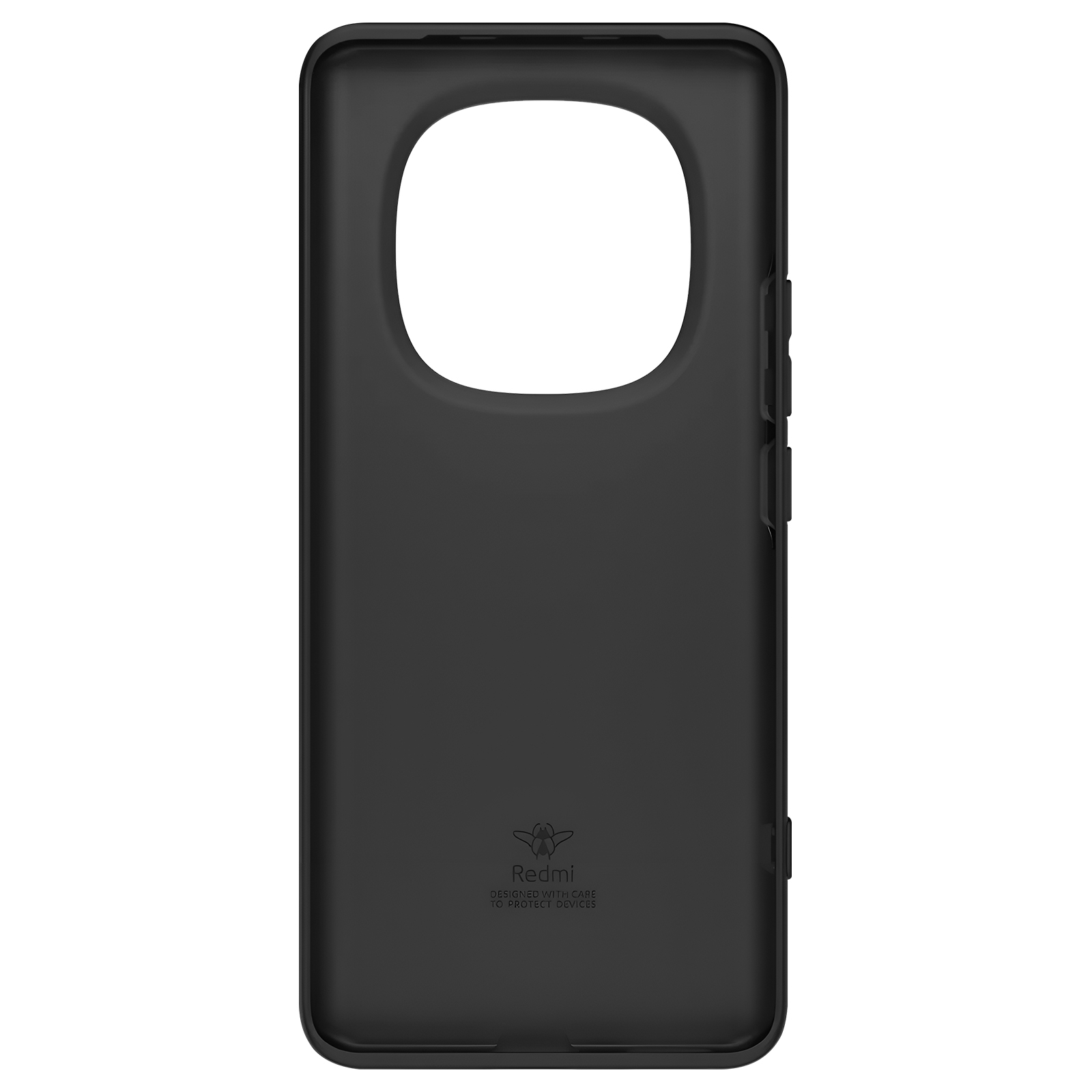 Coque de téléphone noire avec ouverture caméra ronde et logo Redmi.